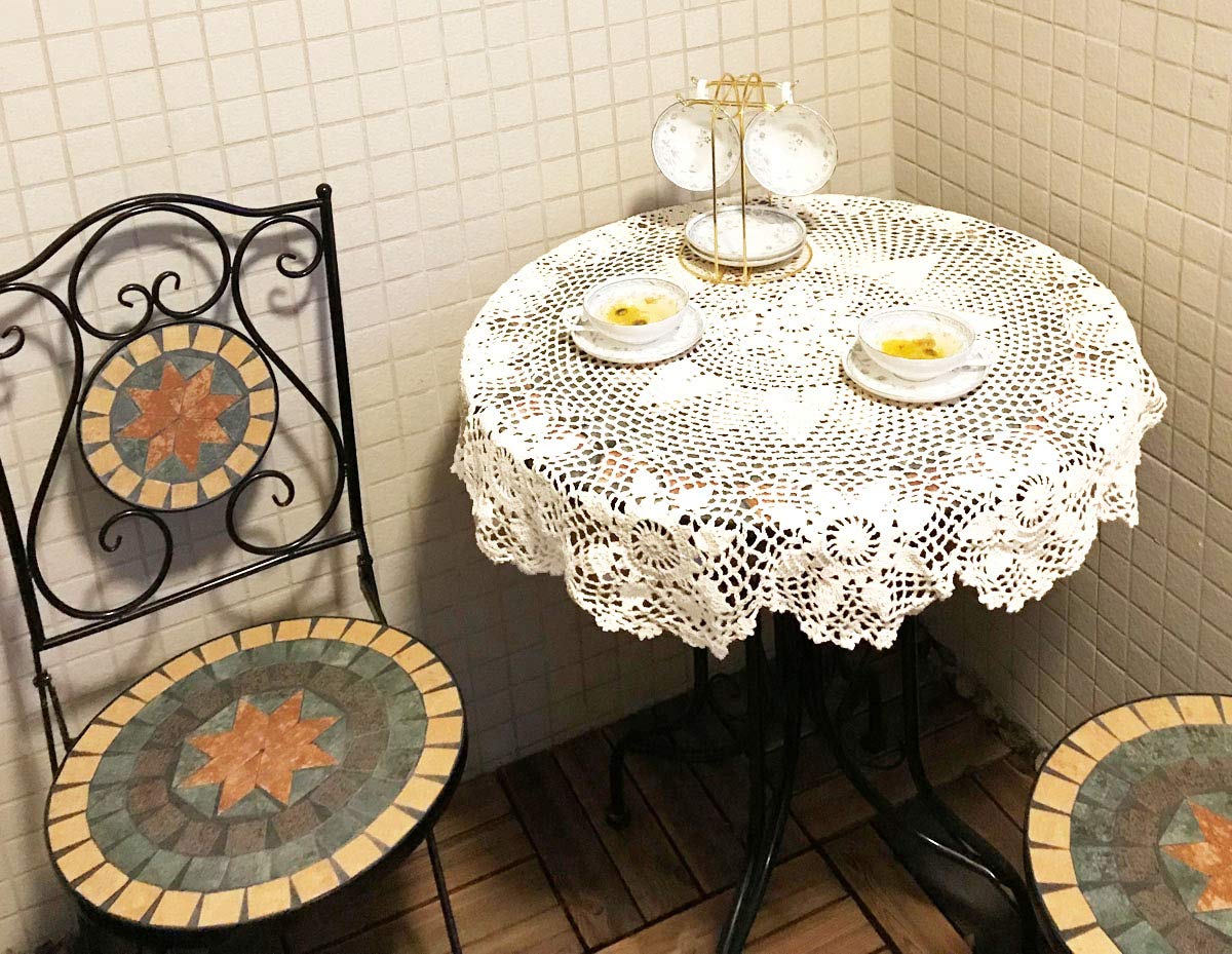 Janef White Handmade Crochet Cotton Table Cloth Lace Doilies Round Lace Tablecloths 35 Inches.