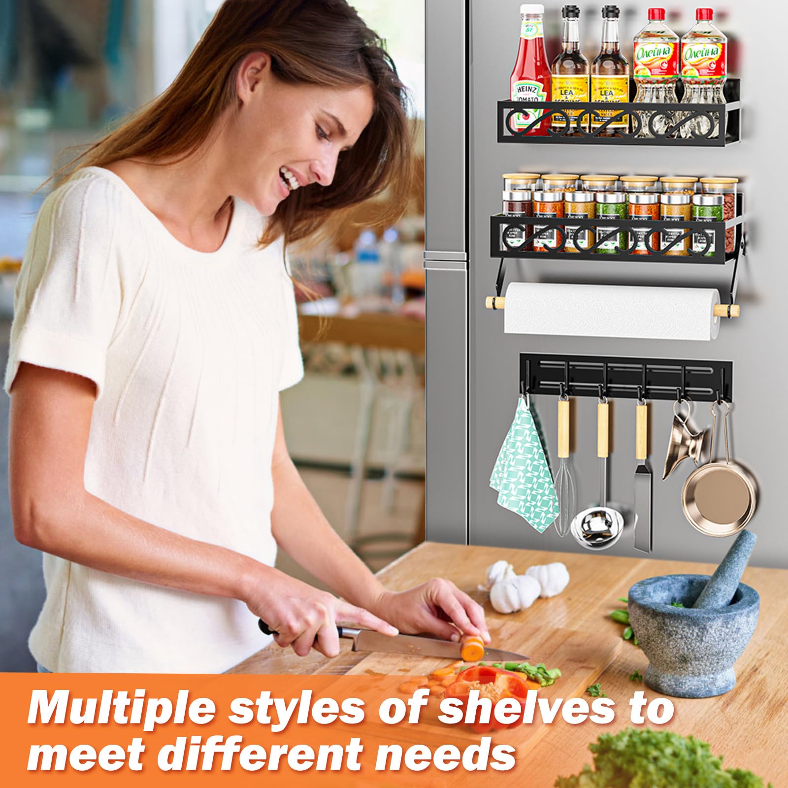 Bunoxea Spice Racks Magnetic For Refrigerator, Magnetic Spice Shelves With Paper Holder, Moveable 6 Hook Rack, Magnetic Fridge O