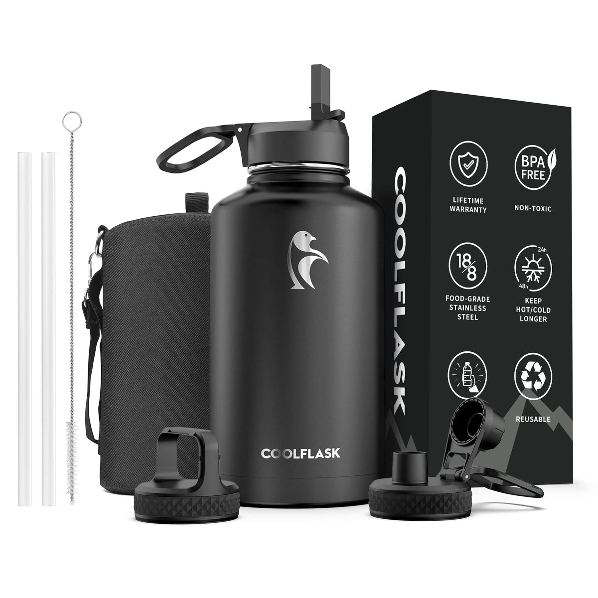 64 Oz Water Bottle Insulated With Straw & 3 Lids, Coolflask Large Metal Stainless Steel Water Jug Big Half Gallon Wide Mouth For