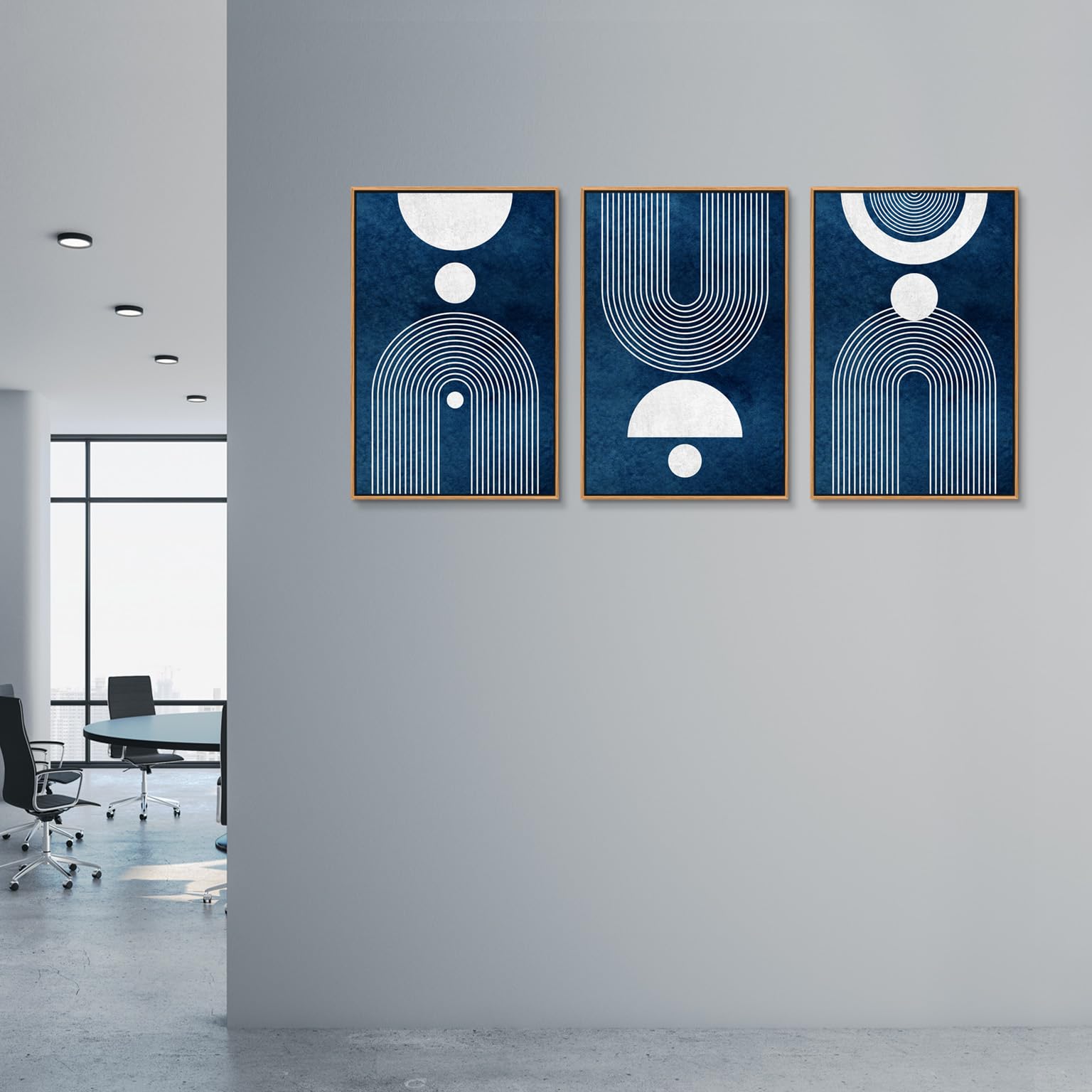 Framed Boho Canvas Wall Art - Mid Century Modern Geometric Pictures Prints Blue And White Minimalist Artwork Bohemian Wall Art F