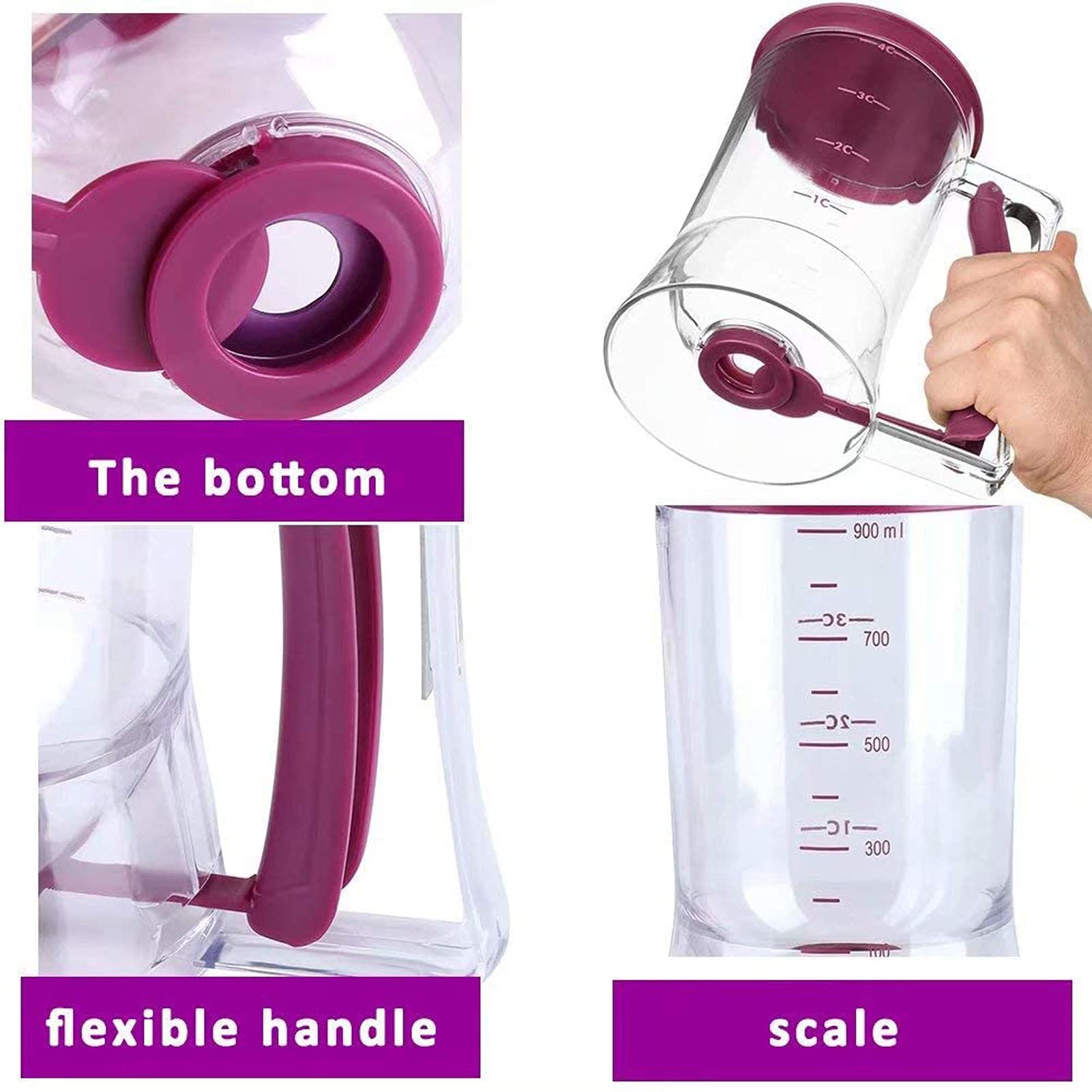 4 Cup Pancake Cupcake Batter Dispense, 900Ml Pancake Dispenser For Batter With Measuring Label Squeeze Handle Bracket And Silico