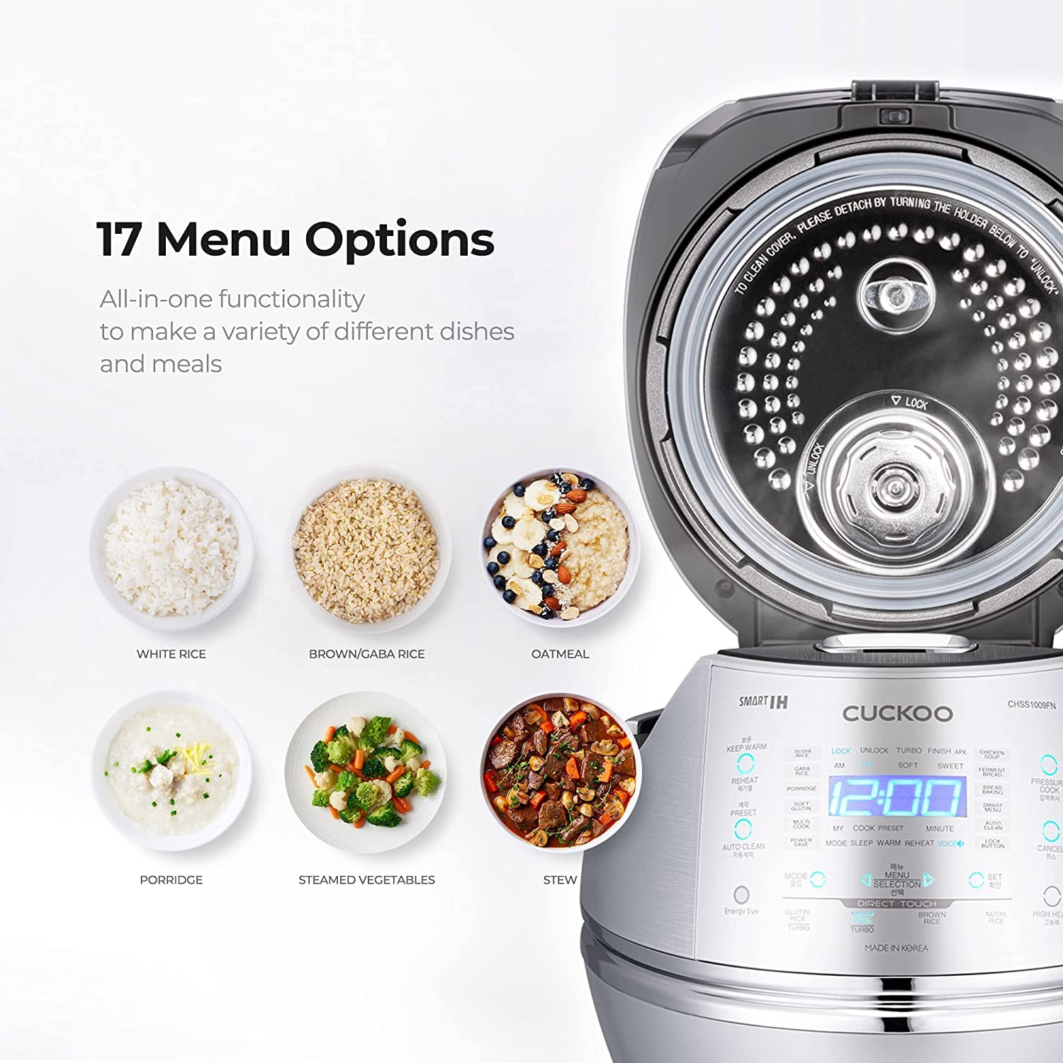 Cuckoo Electric Induction Heating Rice Pressure Cooker 10 Cup Full Stainless Steel Interior With Non-Stick Coating-3-Language Vo