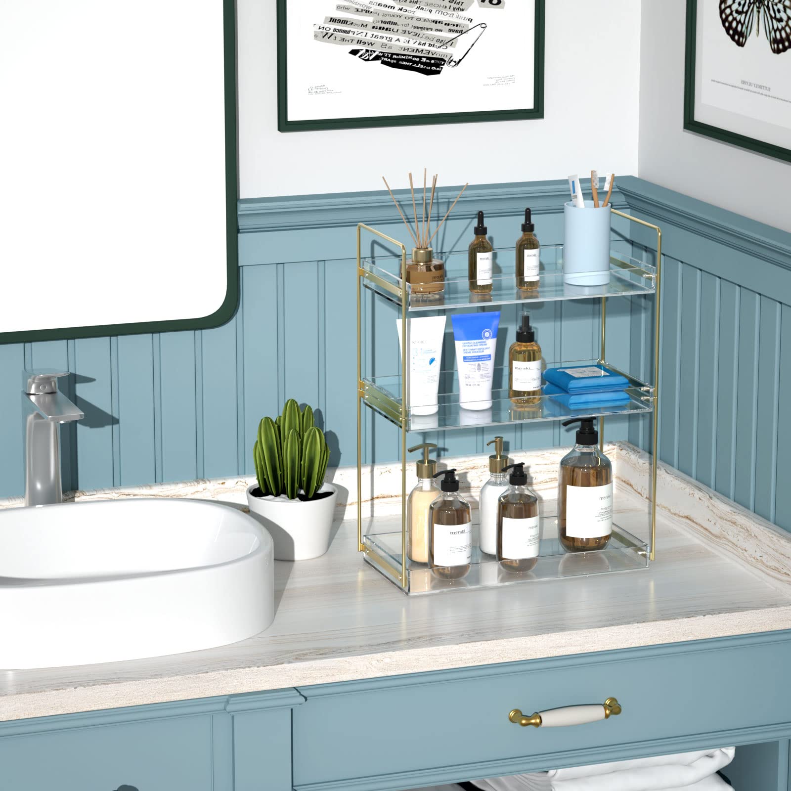 Bathroom Countertop Organizer, 3 Tier Acrylic Tray Vanity Counter Skincare Organizer Shelf, Kitchen Under Sink Standing Rack, Ho