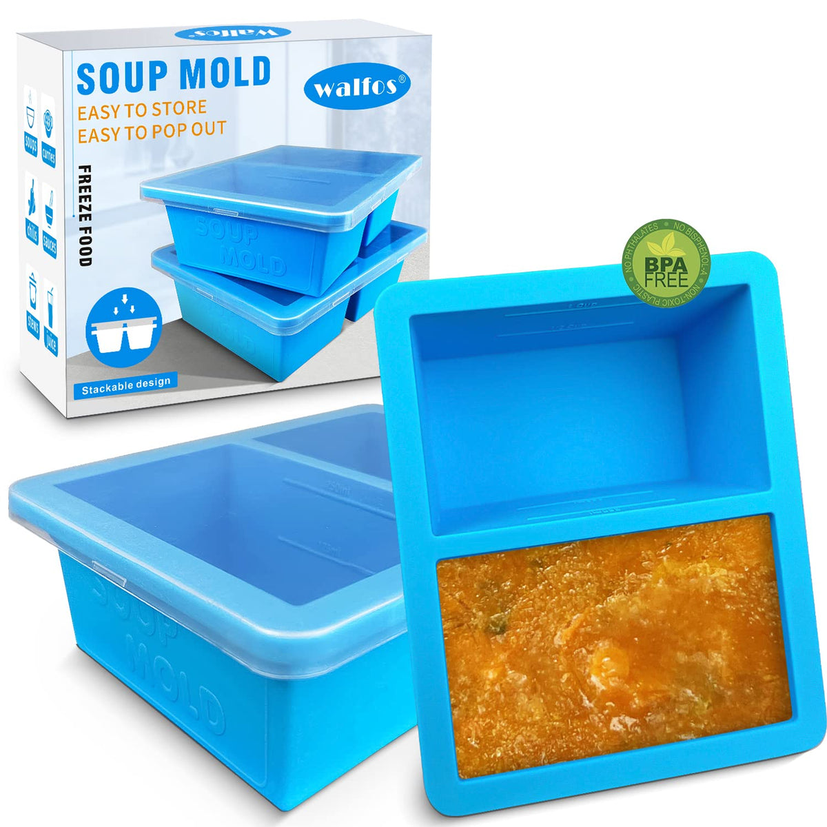 Extra-Large Silicone Freezing Tray With Lid, Walfos 1-Cup Freezer Tray For Soup, Silicone Soup Freezer Container For Storing And