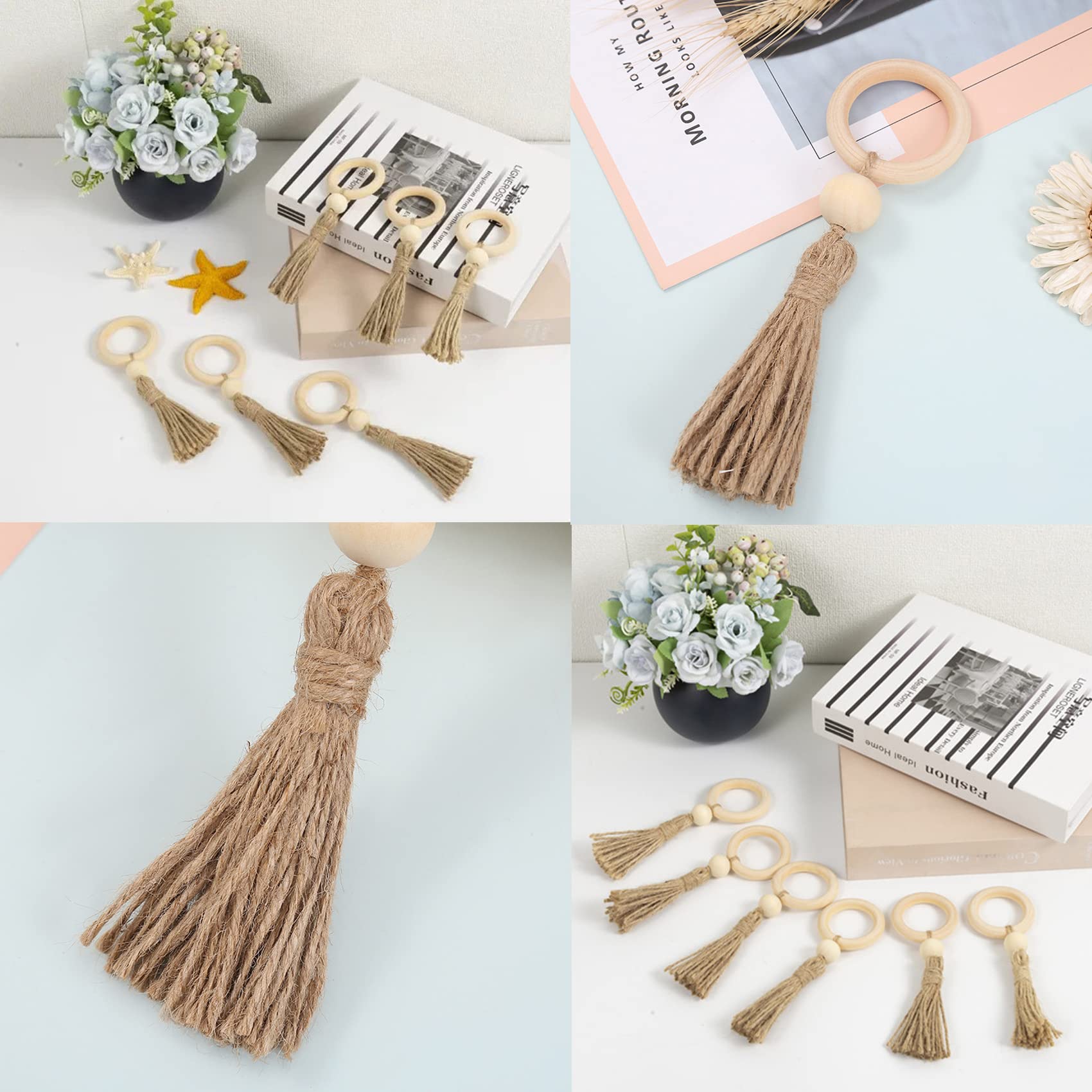 Zilucky Set Of 6 Wooden Napkin Rings, Natural Wooden Beads With Tassels, Dining Party Weddings Family Gatherings Rustic Country
