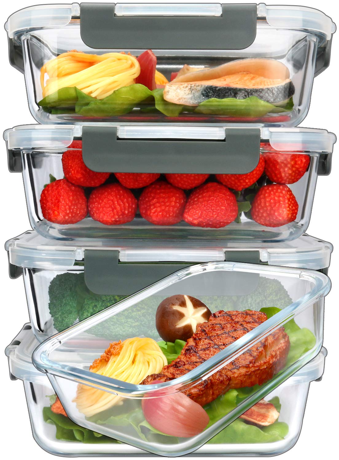 M Mcirco [5-Packs, 36 Oz Glass Meal Prep Containers With Snap Locking Lids Glass Food Containers,Airtight Lunch Container,Microw