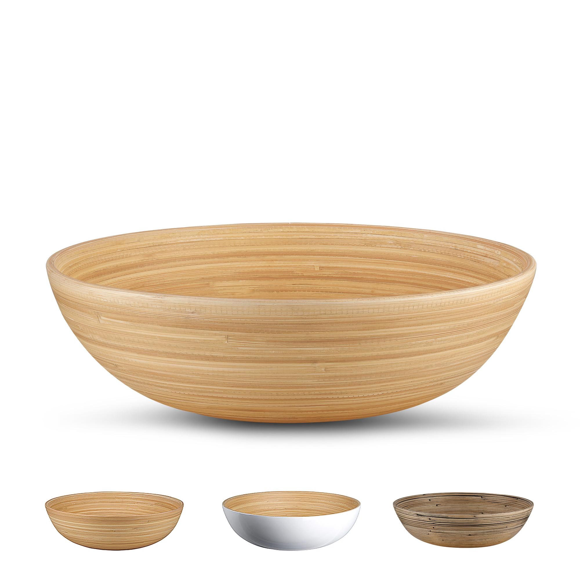 LEXA 12 Handmade Natural Bamboo Wooden Salad Bowl - 130 oz Lightweight Large Wooden Bowls for Food - Bamboo Wooden Fruit Bowl fo