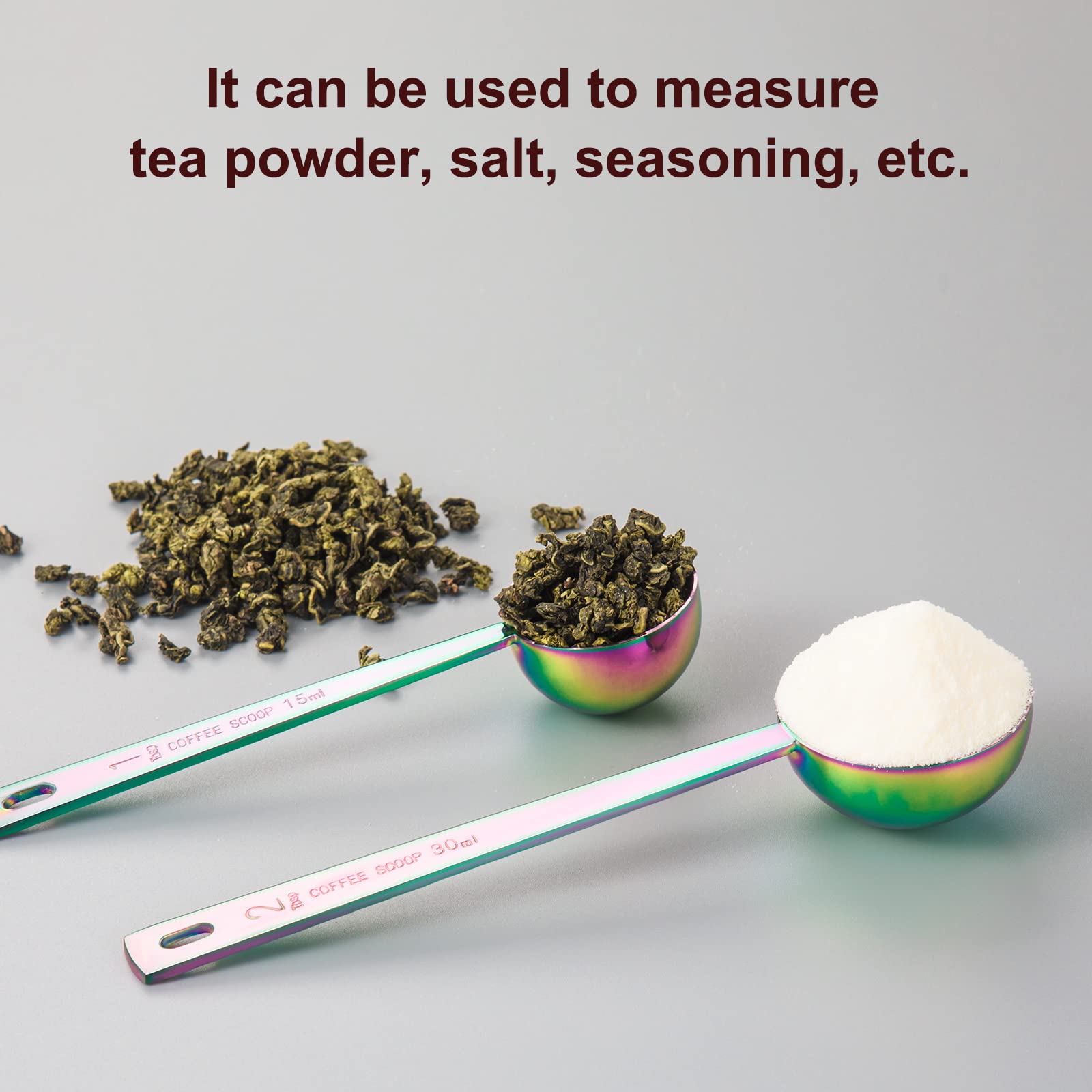 Premium coffee scoop set  set of 2  Metal stainless steel long handle coffee scoop  measuring coffee spoons contains 1 tablespoon (15 ml) and 2 tablespoons (30 ml) multicolor spoon.