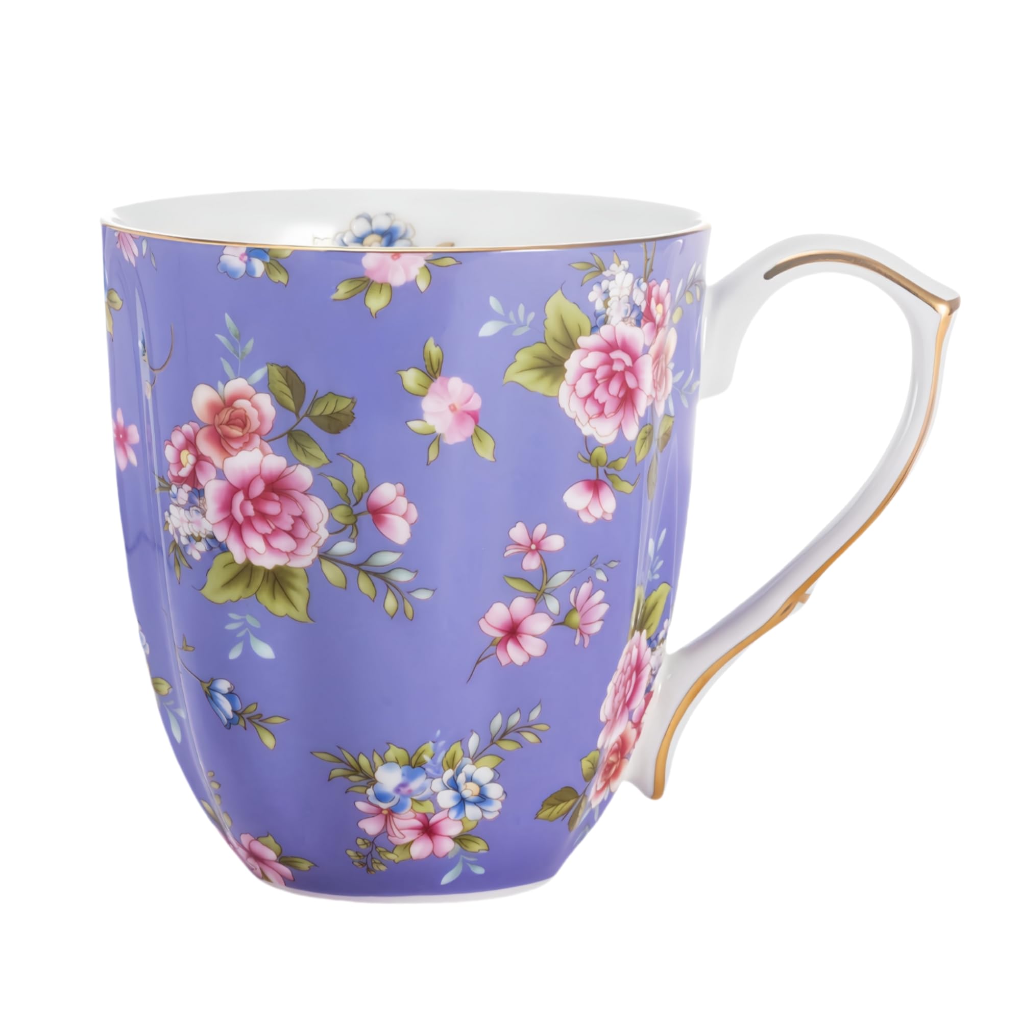 13oz Bone China Floral Mug with Gold, Porcelain Flower Teacup for Home