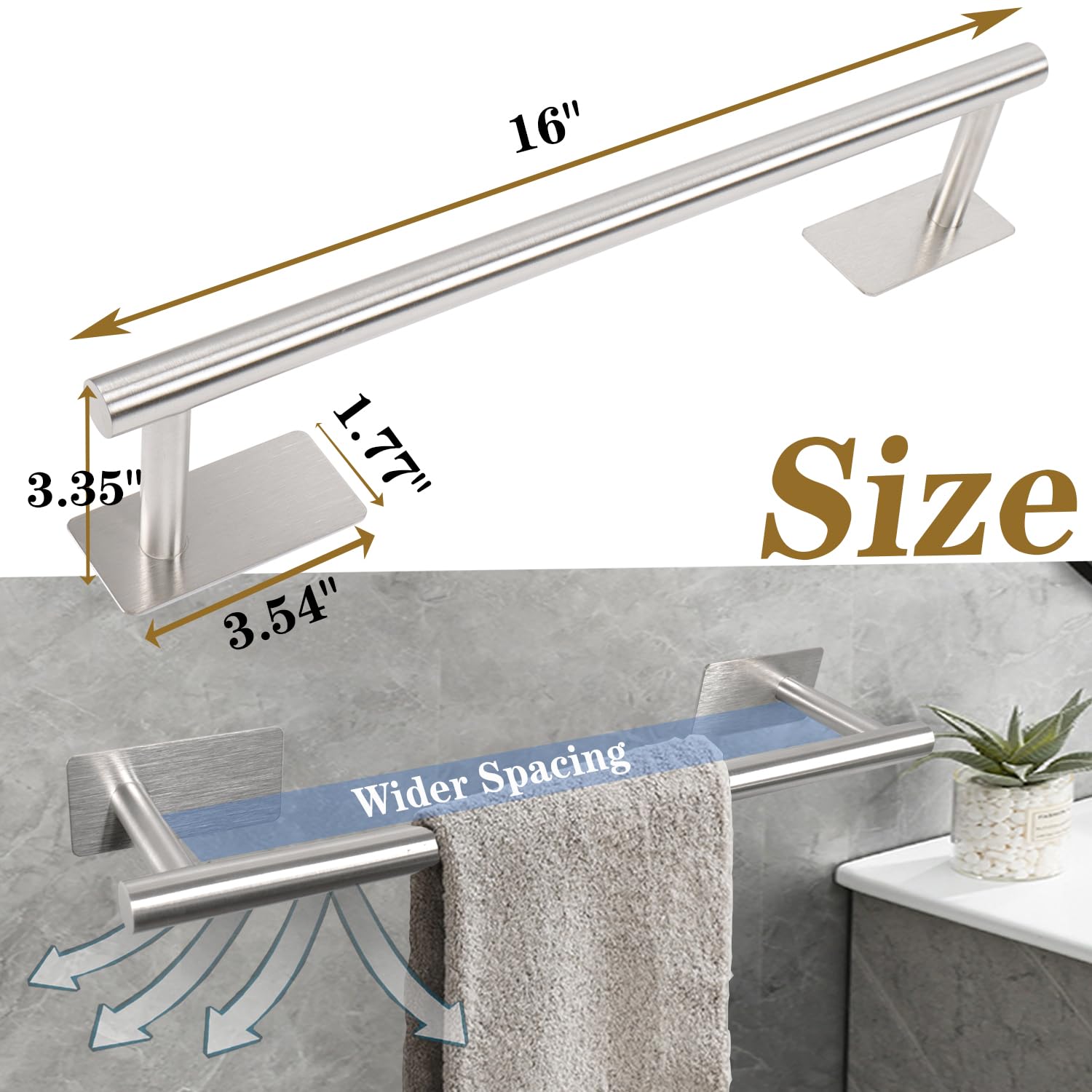 Vanloory Self Adhesive Bath Towel Bar, Stainless Steel Towel Racks For Bathroom No Drilling Heavy Duty Towel Holder Stick On Wal