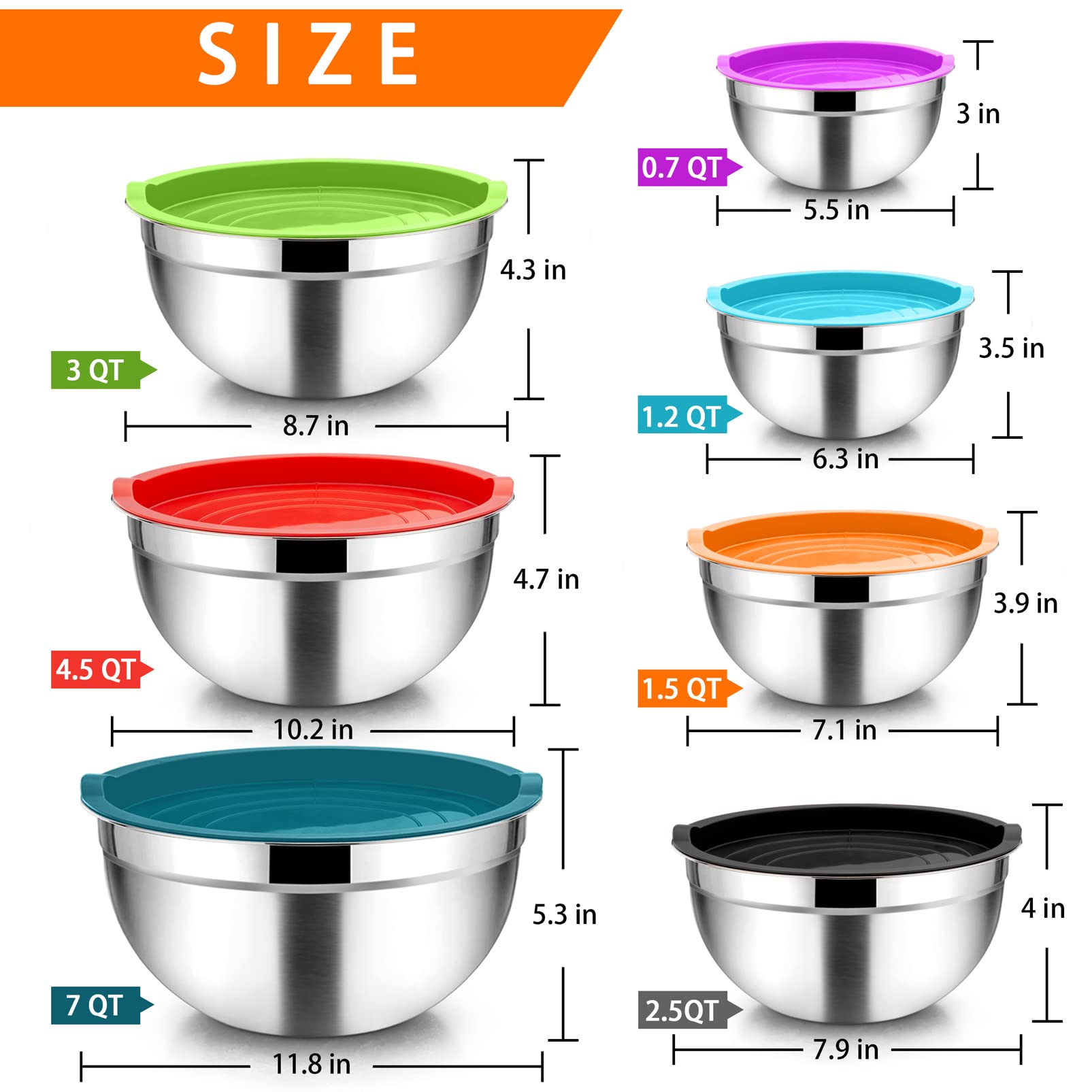 Teamfar Mixing Bowls With Lids Set Of 7, Stainless Steel Nesting Mixing Bowls Set With 16 Pcs Kitchen Utensils For Prepping Mixi