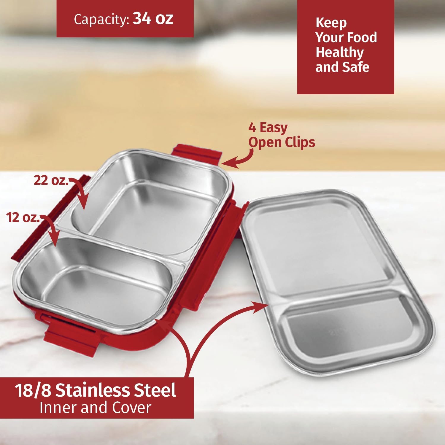 Signoraware Stainless Steel Bento Box For Men, 34 Oz, Pink, Leakproof Between 2 Compartments