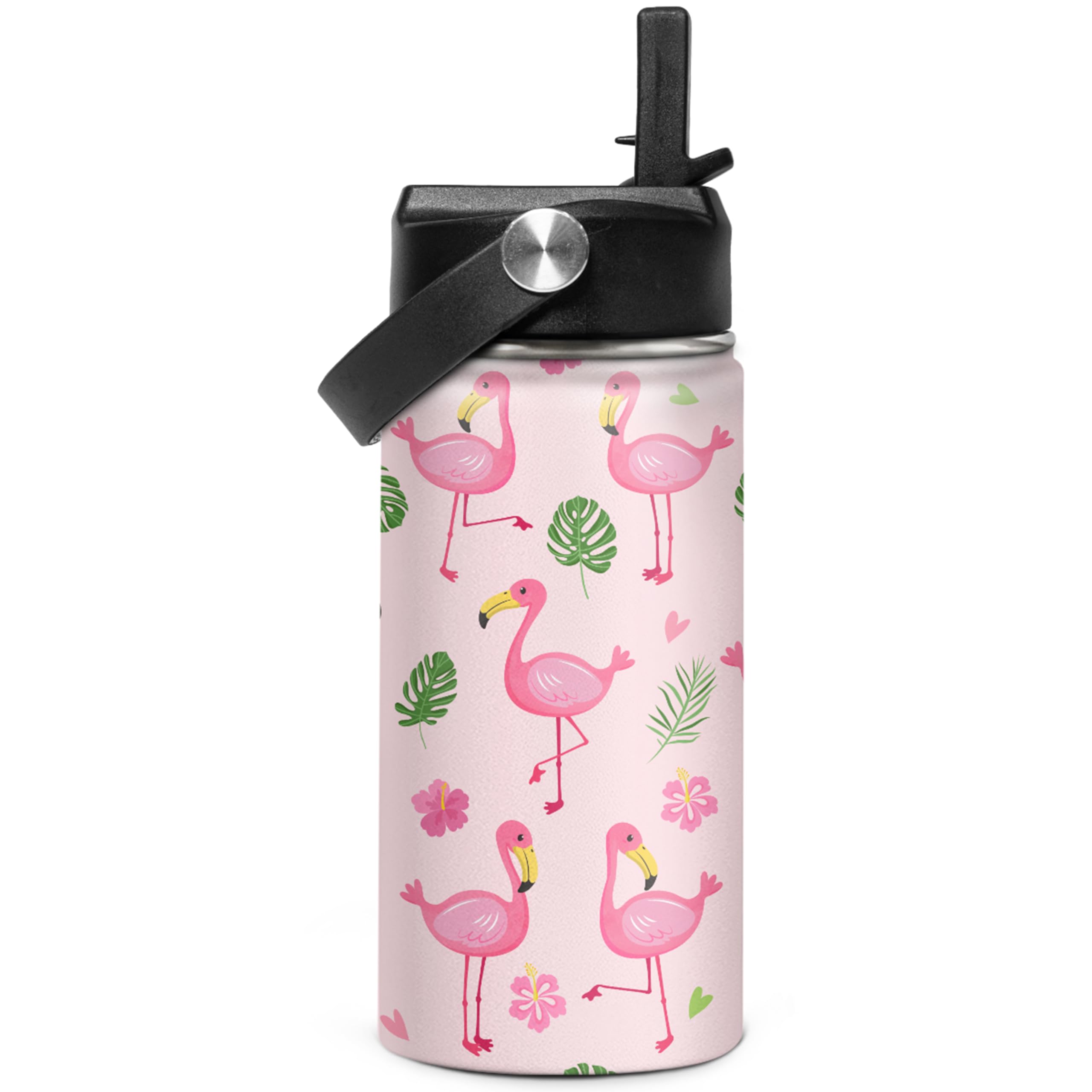Kids Water Bottle Flamingo Water Bottles 12Oz With Straw Insulated Stainless Steel Travel School Tumbler Double Wall Vacuum Cup
