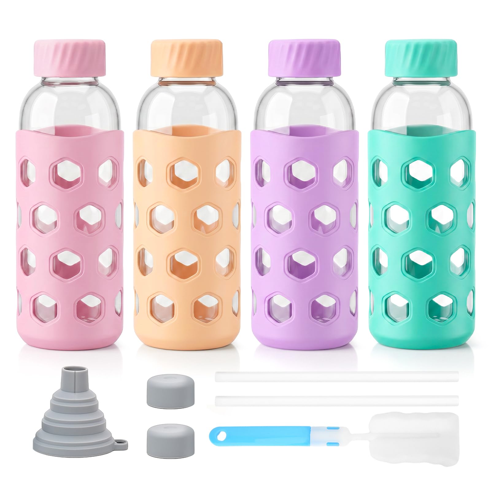 Sursip 16 oz Glass Juice Bottles with Lids, 4 Pack