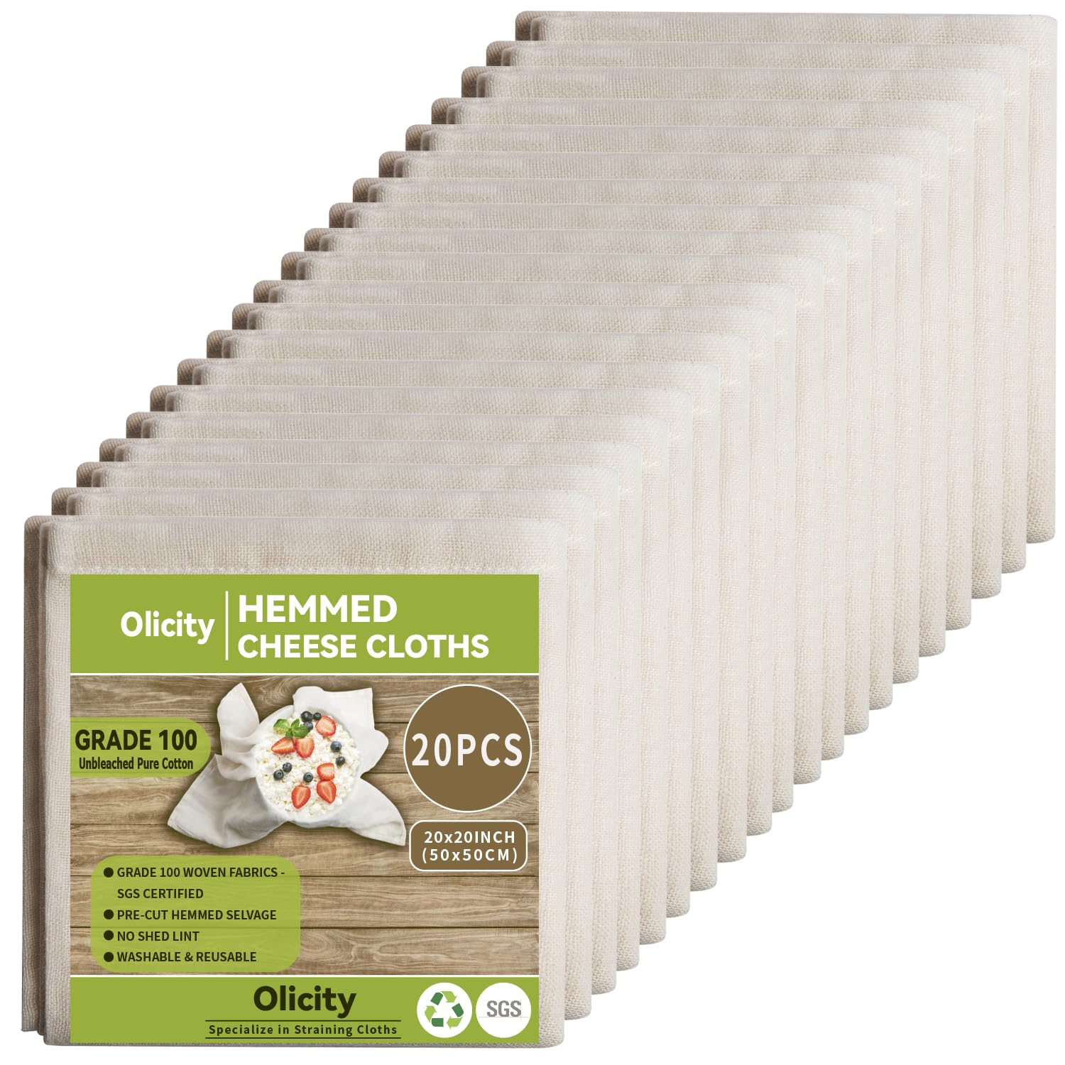 Olicity Cheesecloth Bulk, 20PCS, Grade 100, 20x20Inch Hemmed Cheese Cloths Fabric Reusable Fine Mesh Cloth, 100% Cotton Unbleach