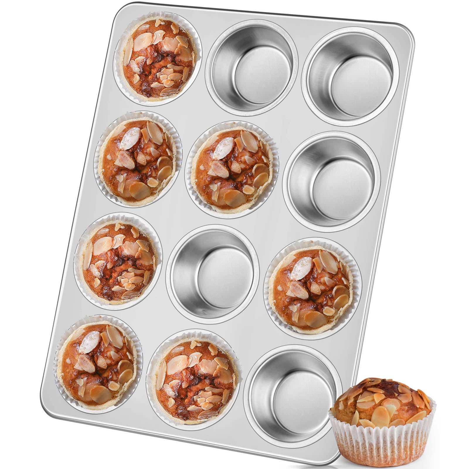 Leonyo 12-Cup Cupcake Pan, Stainless Steel Standard Size Cupcake Pans Tray for Baking, Metal Non-Toxic Muffin Tins, Dishwasher O