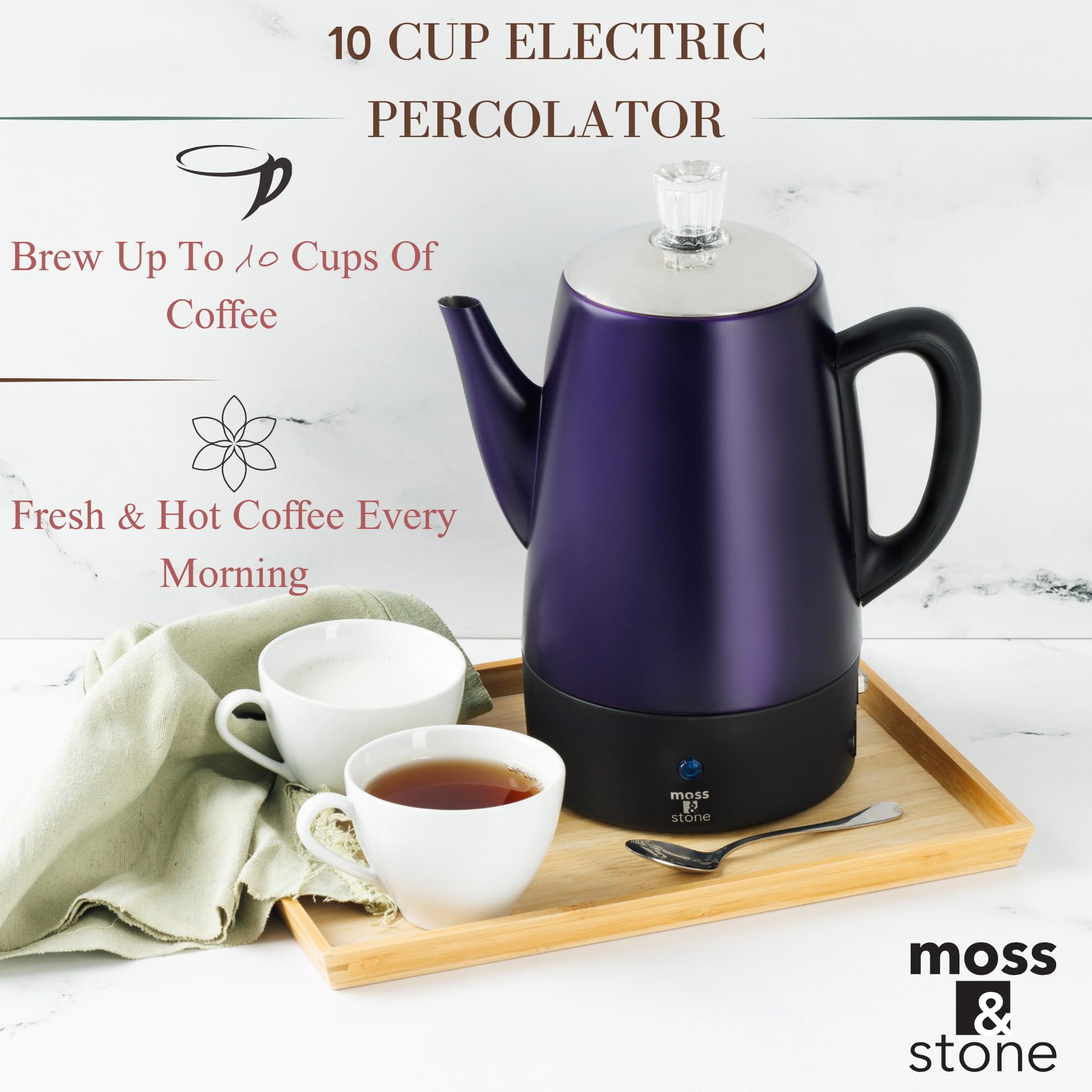 Moss & Stone Electric Coffee Percolator, 10 Cup, Stainless Steel, Purple, Model EPMPP-8MS, Keep Warm Function, 54 oz