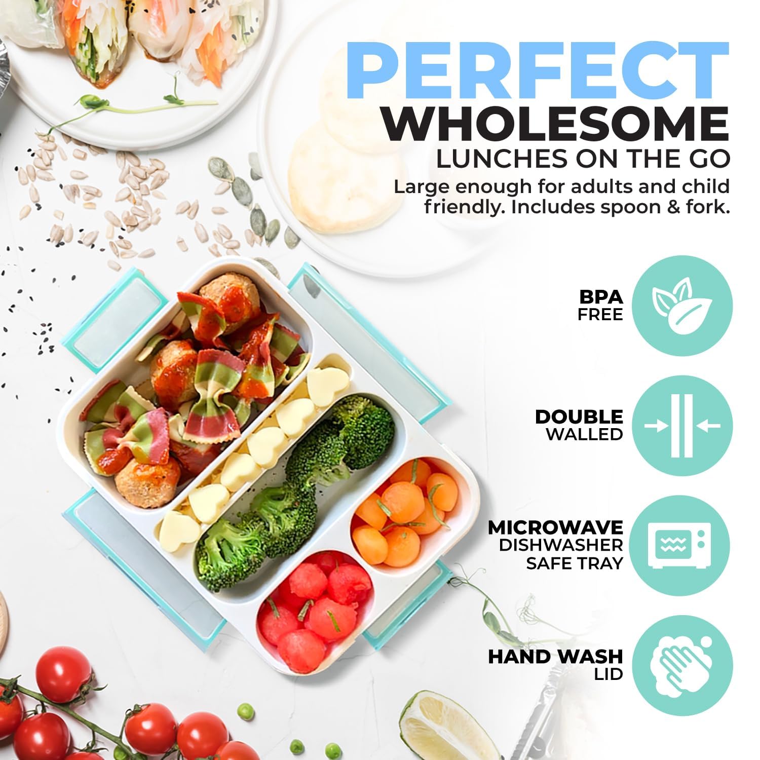 kinsho Bento Lunch-Box for Adults Kids Lunches  Portion Control Container Boxes for Women Girls Boys  Leak-proof Snack Containers  BPA-Free Utensils  Green  5 Compartments