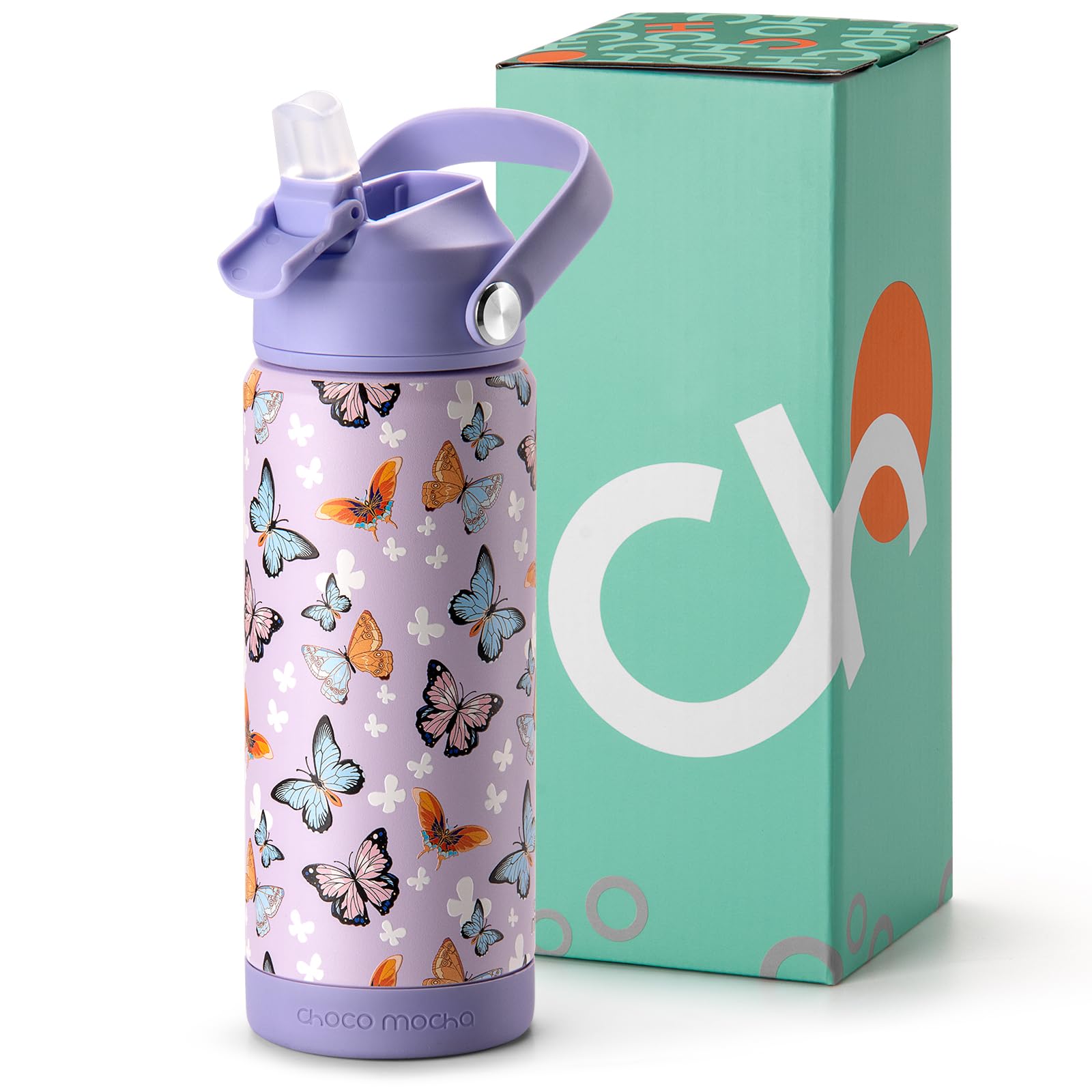 Choco Mocha Kids Water Bottle For School, Kids Insulated Butterfly Water Bottle Stainless Steel for Girls, 18Oz Purple