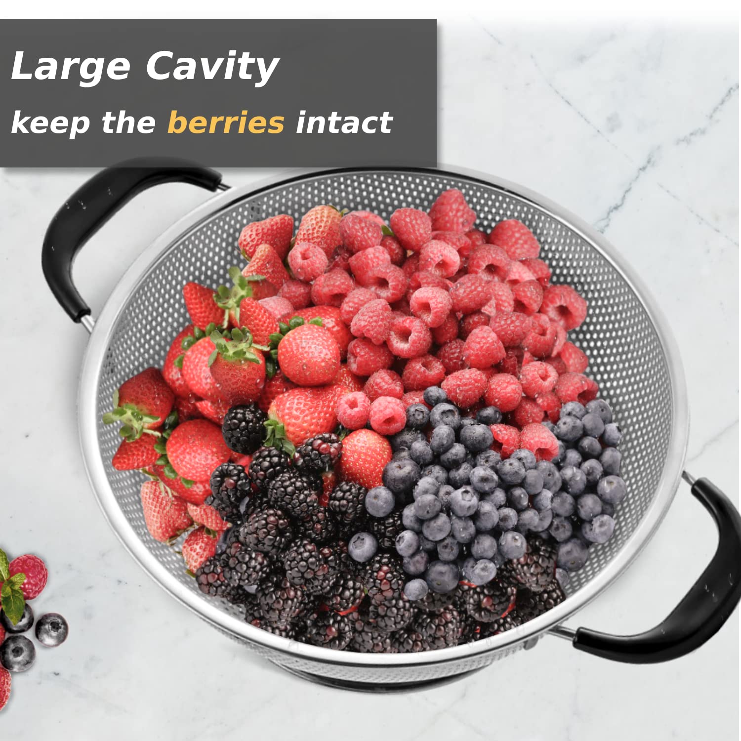 5 Qt Colander 18/8 Stainless Steel Colander Silicone Handle Easy Grip Micro-Perforated Strainer Heavy Duty And Self-Draining Sol