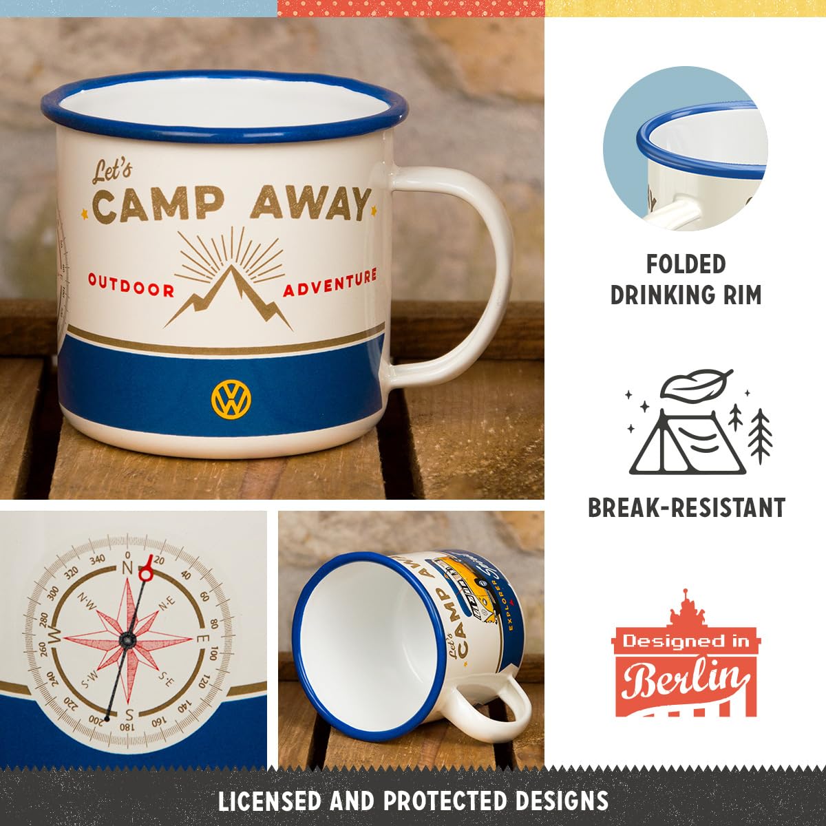 Nostalgic-Art Retro Enamel Cup, 12.2 oz, VW Bulli - Let 's Camp Away - VW Bus Gift idea, Camping Mug, Vintage design