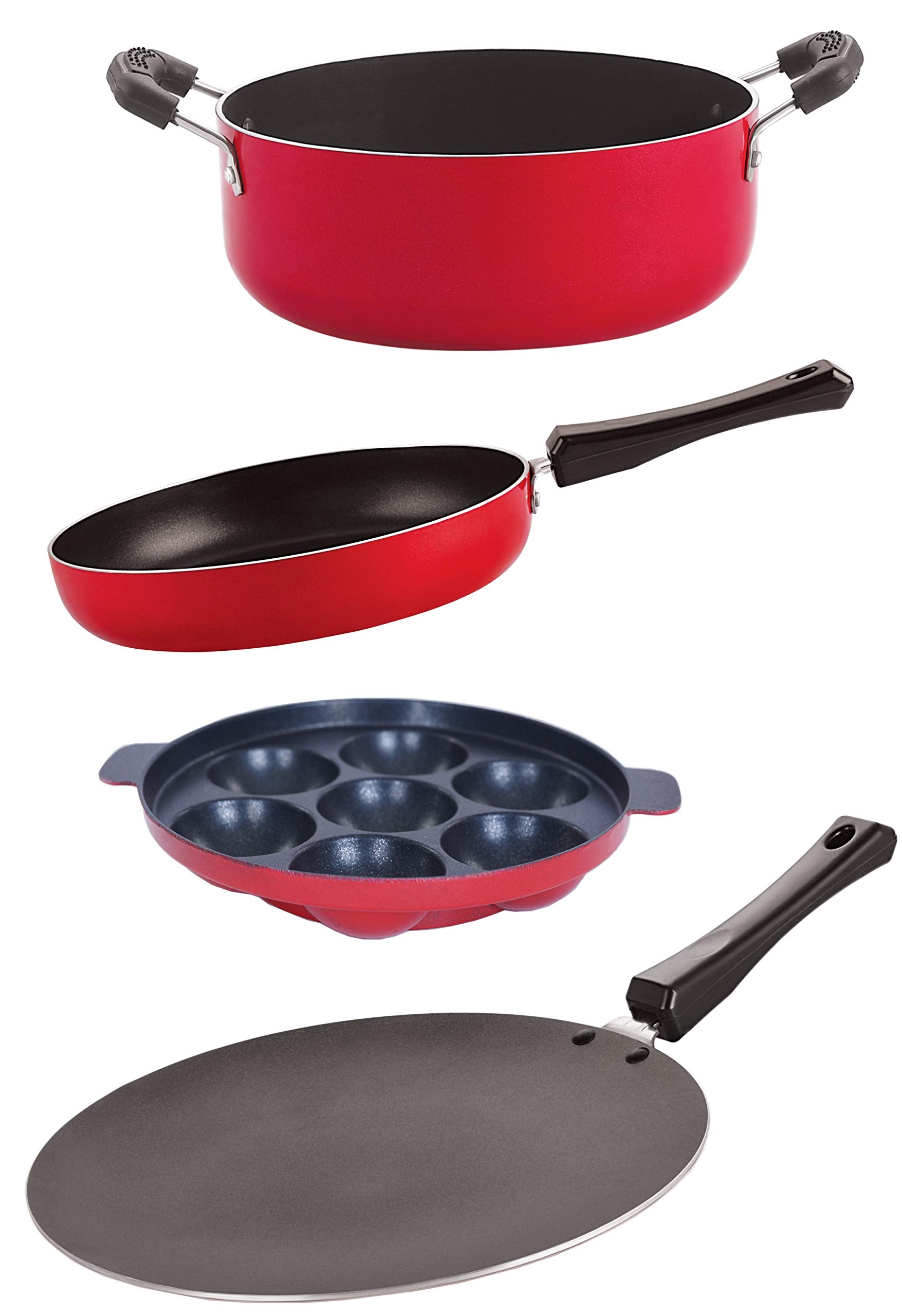 Nirlon Non Stick Aluminium Cookware Set,4 Pieces (Red & Black) (Ct12_Fp11_Ap7_Cs24)