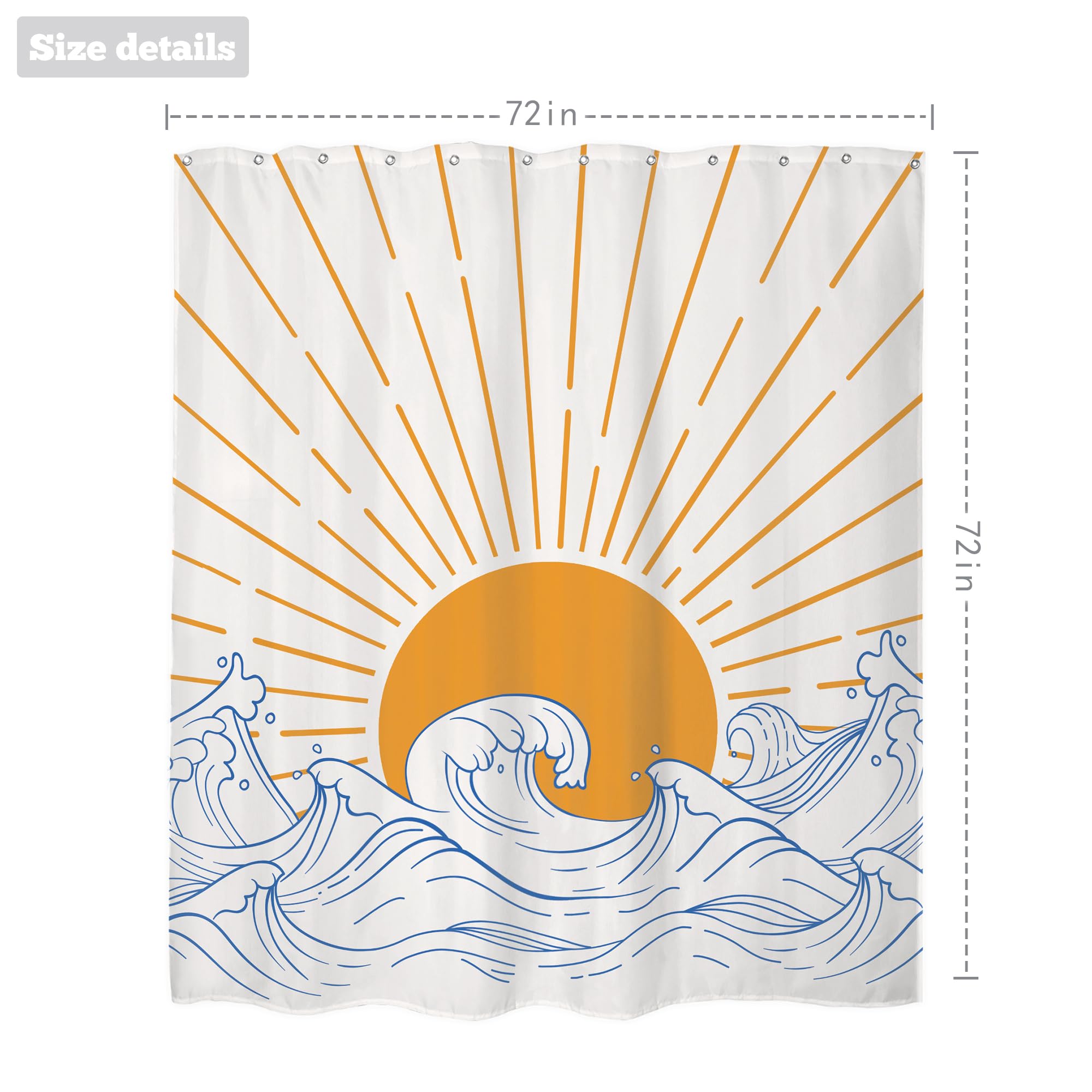 LIGHTINHOME Abstract Sun Waves Shower Curtain 72Wx72H Inches Retro Sunrise Sunset Japanese Kanagawa Wave Sea Mid Century Modern Simple Minimalist Bathroom Home Decor Set with 12 Hooks