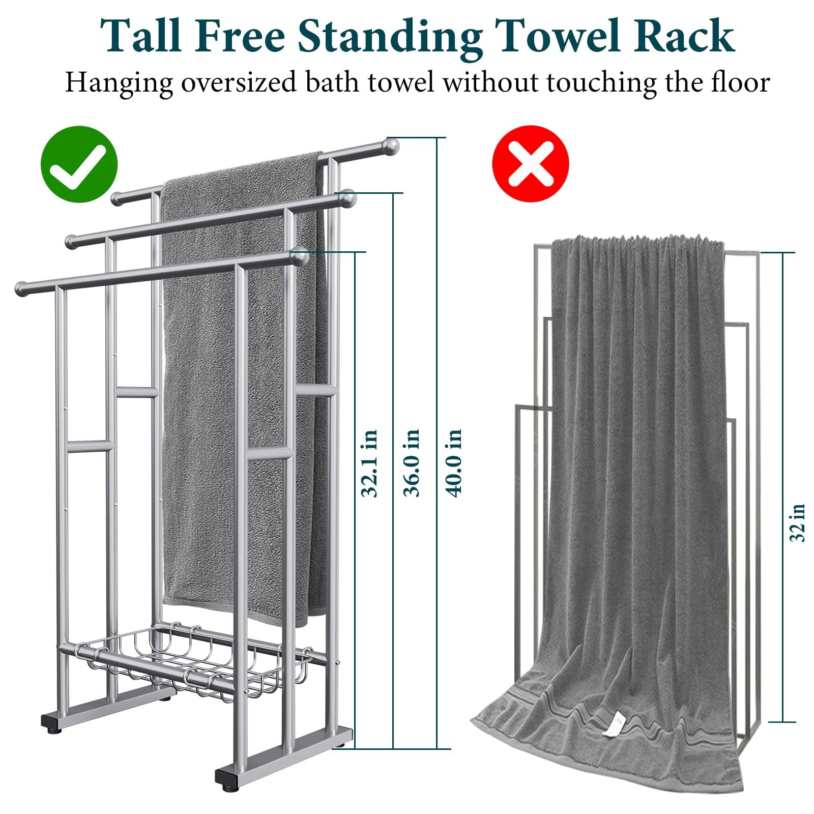 40'' Tall Freestanding Towel Racks For Bathroom, 3 Tier Floor Towel Rack With Storage Basket, Blanket Ladder Drying And Display