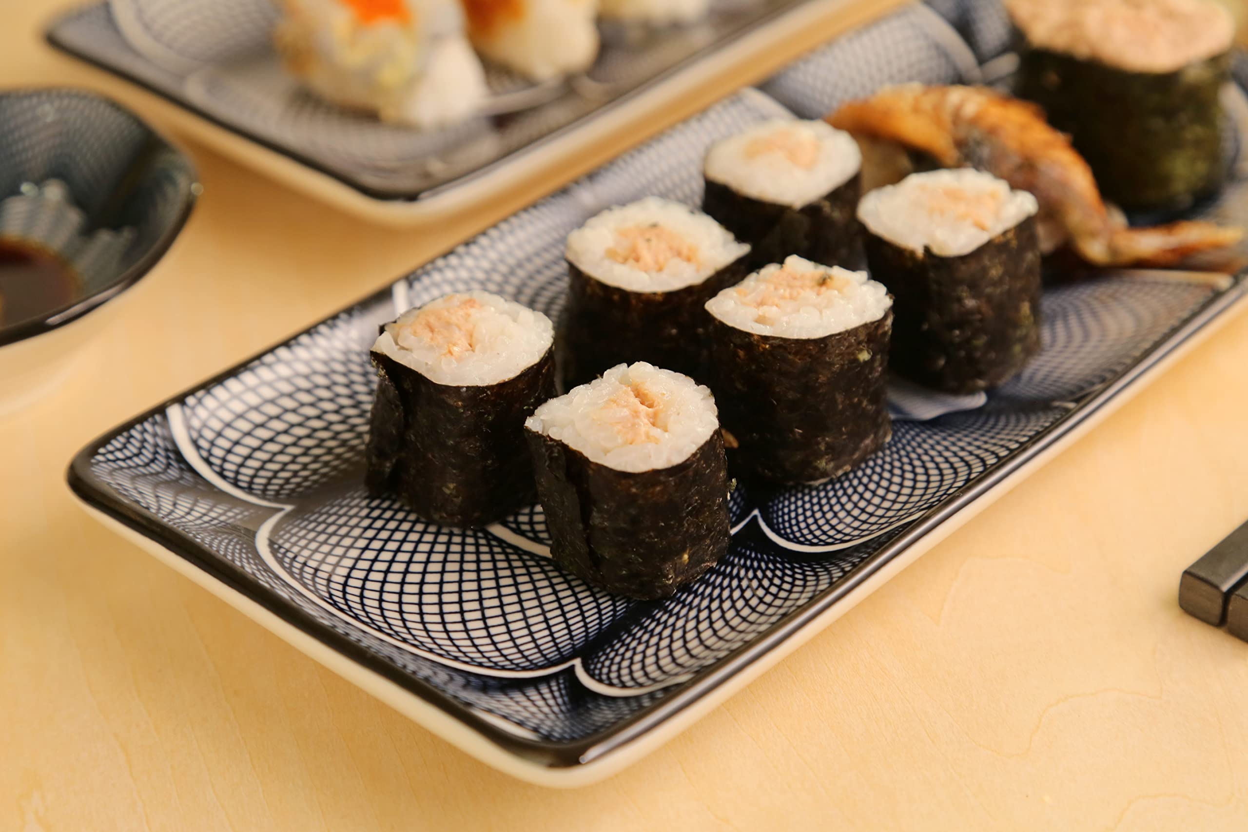 Elush 8 Piece Japanese Style Ceramic Sushi Plate Set 10-Inch Rectangle Sushi Dishes- 2 Sushi Plates, 2 Sauce Dishes, 2 Pairs Of