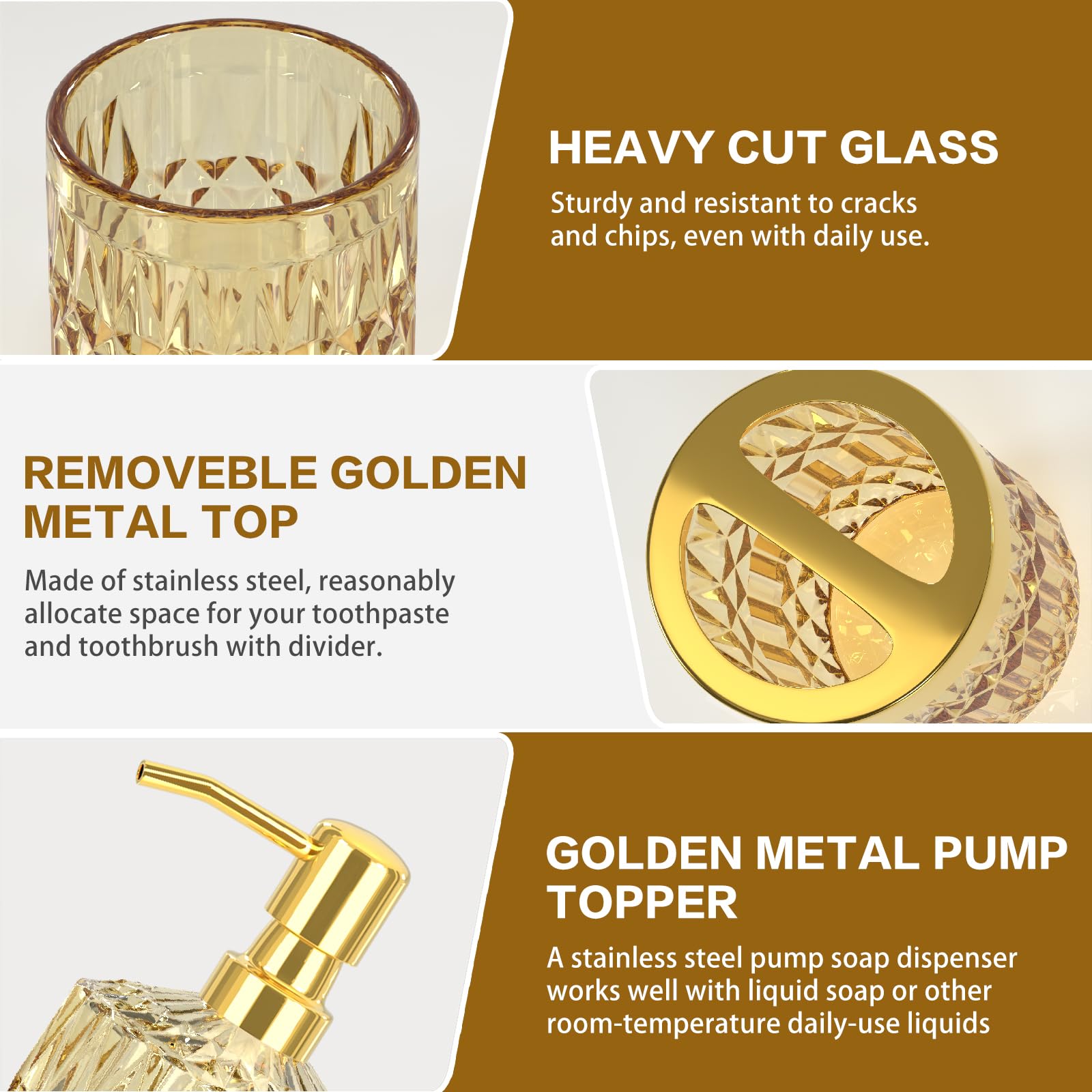 Brown Bathroom Accessory Set 5Pcs - Amber Glass Bathroom Accessories With Toothbrush Holder Set, Soap Dispenser, Soap Dish, Tumb