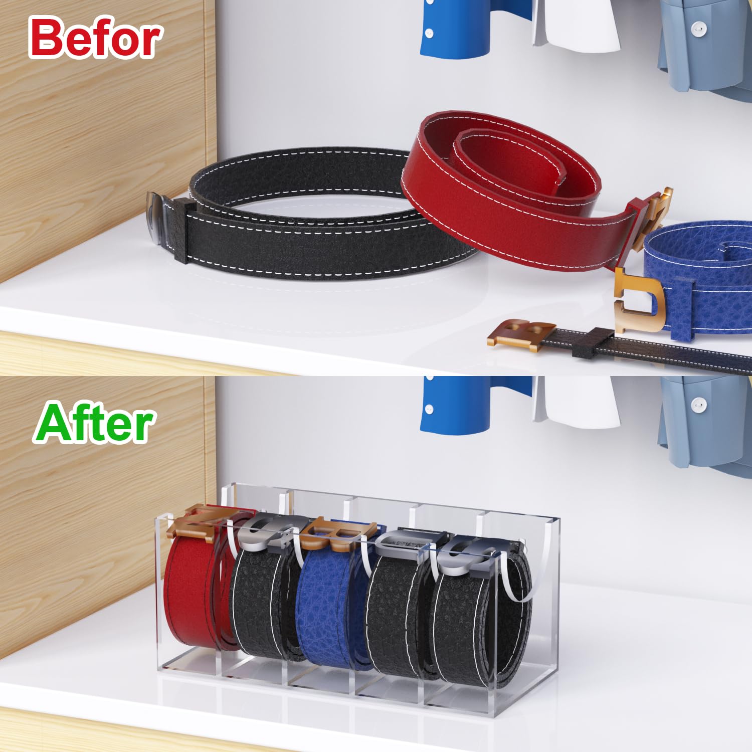Gti Belt Organizer,Acrylic 5 Compartments Belt Organizer For Closet And Wall,Belt Storage Holder For Drawer,Clear Belt Display C