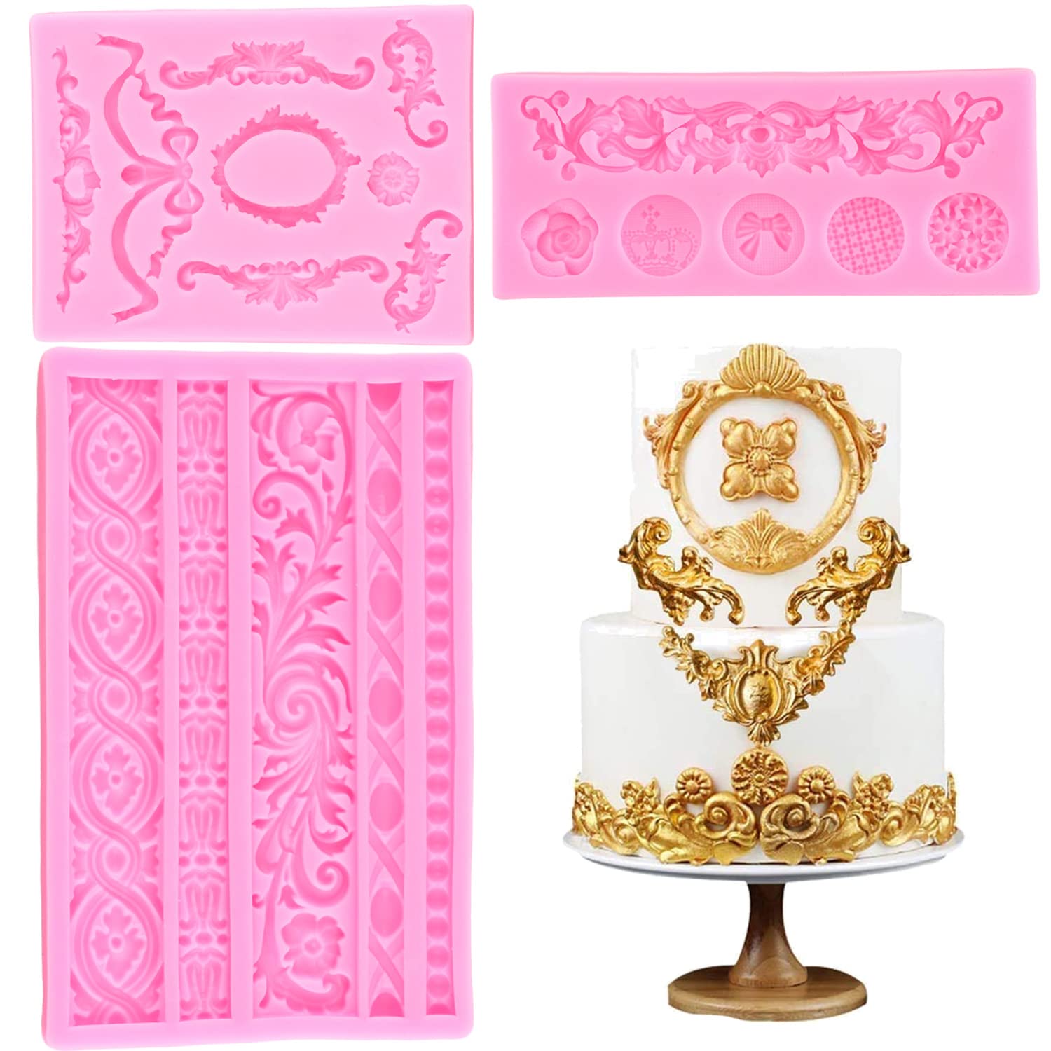 Rfghac Baroque Fondant Molds Scroll Border Lace Silicone Molds Cake Border Molds For Cake Decoration Candy Polymer Clay Cupcake