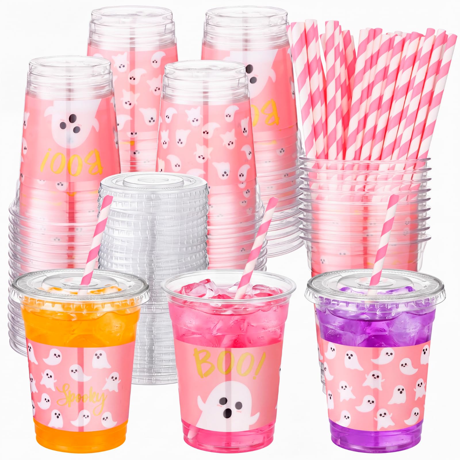 Jingmore 50 Pcs Pink Halloween Ghost Plastic Clear Cups with Lids Straws