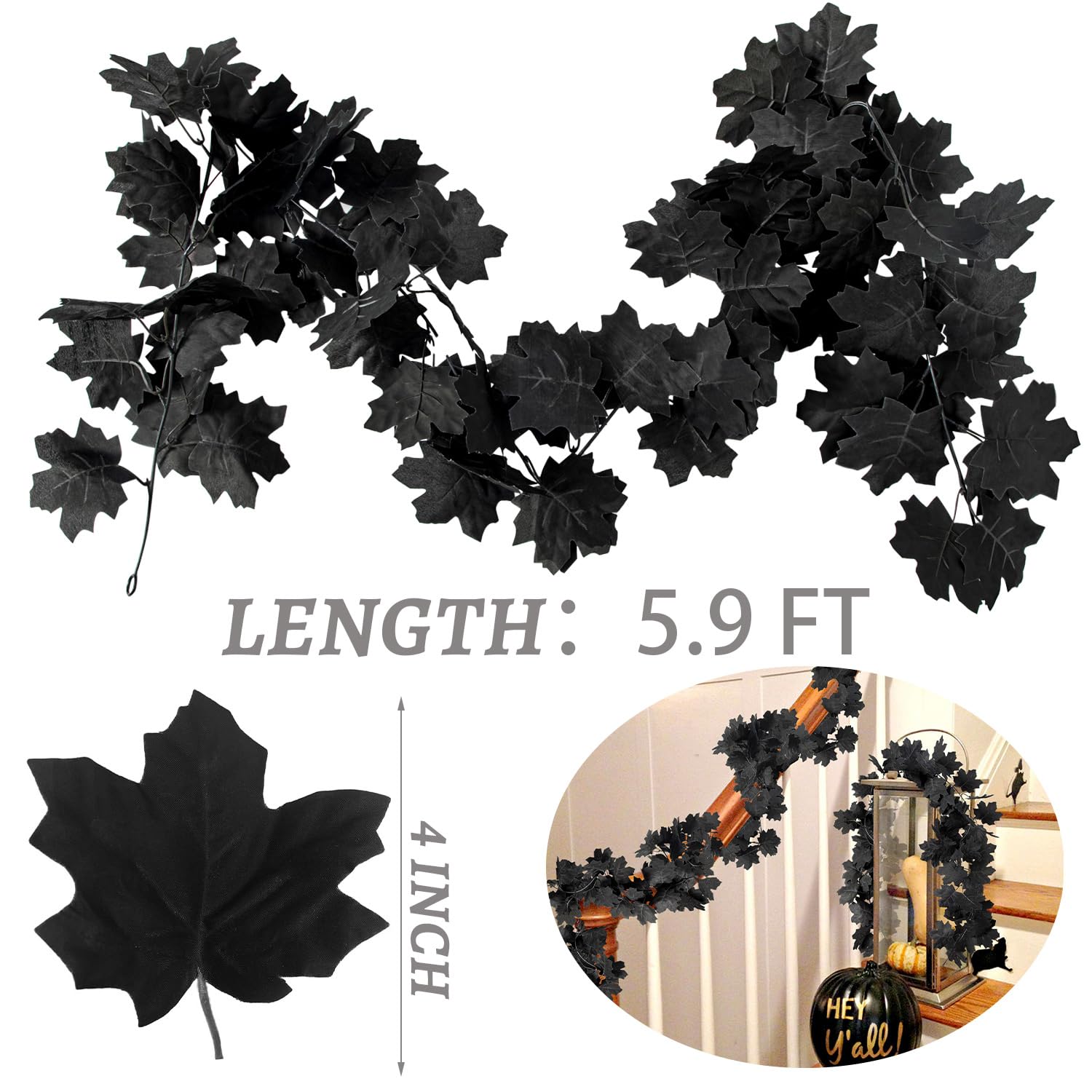 Black Leaf Garland, 12PCS Halloween Artificial Hanging Fall Leave Maple Vines, Fall Floral Garlands Thanksgiving Decor for Home