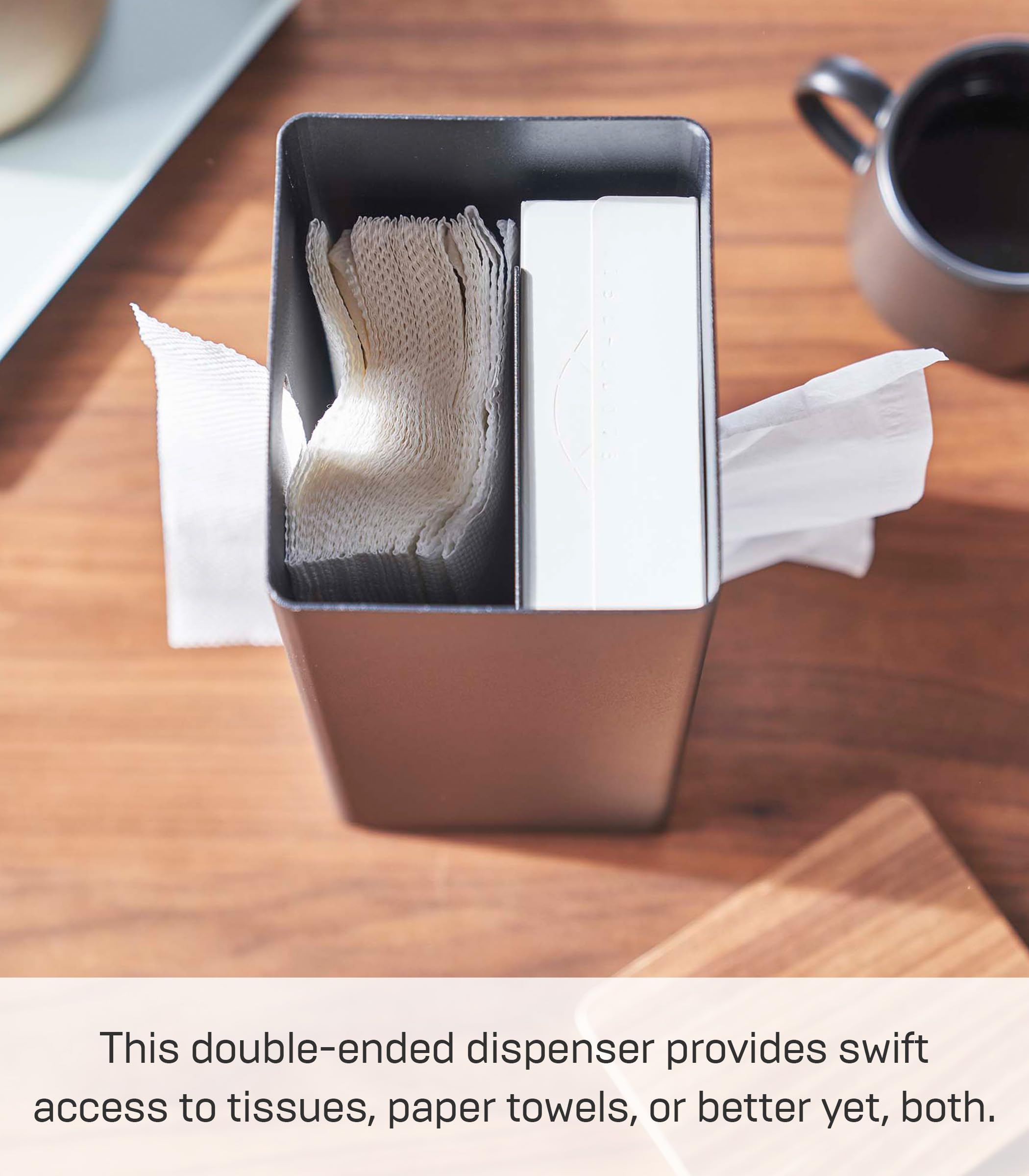 Vertical Double Sided Tissue Box Holder with Adjustable Divider- Metal Paper Or Bag Dispenser with Wooden Lid