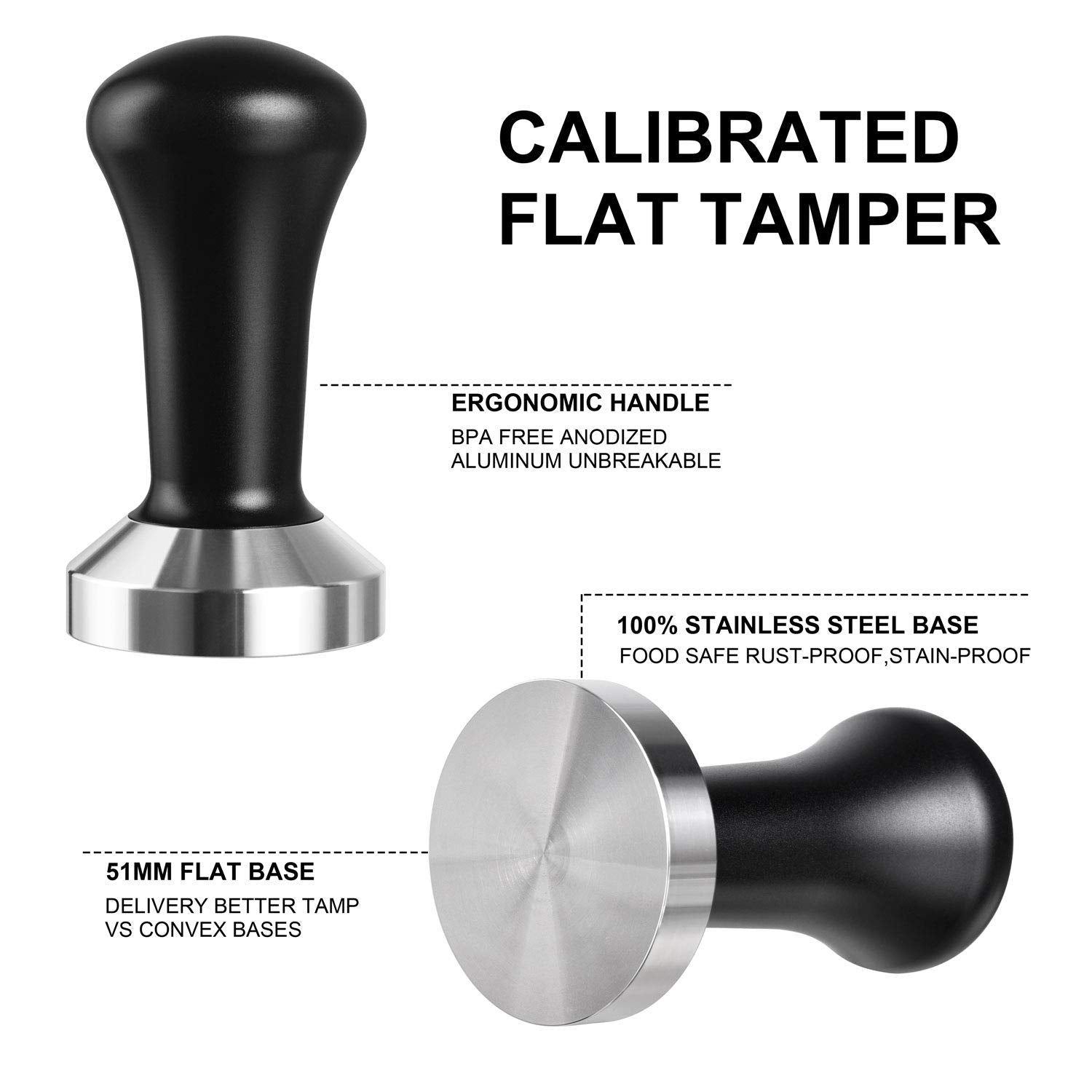 Santow 51Mm Espresso Tamper, Barista Coffee Tamper With Flat Stainless Steel Base - Professional Espresso Hand Tamper