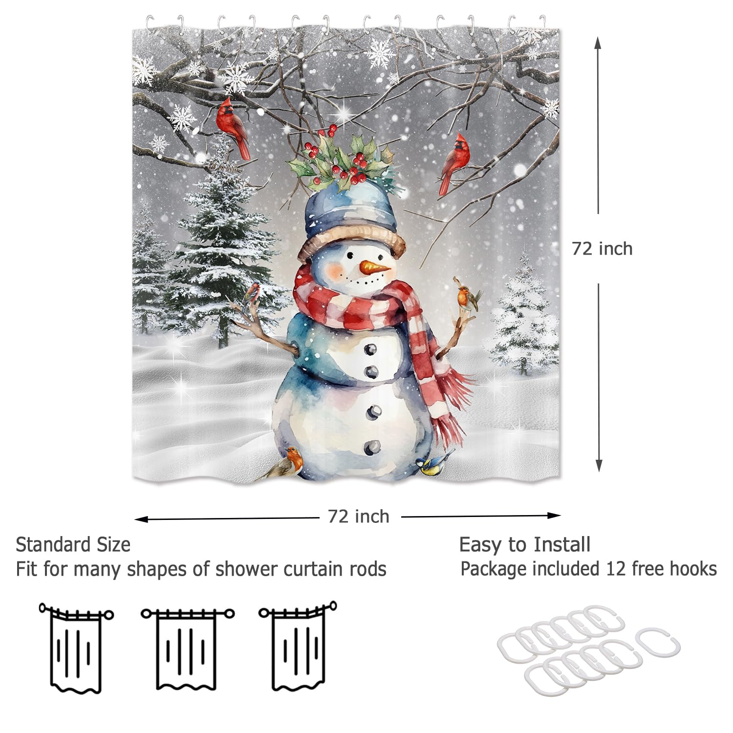 Merry Christmas Snowman Shower Curtain Sets, Watercolor Snowman And Cardinals Pine Tree Redbird Robin Snowflake Winter Holiday H