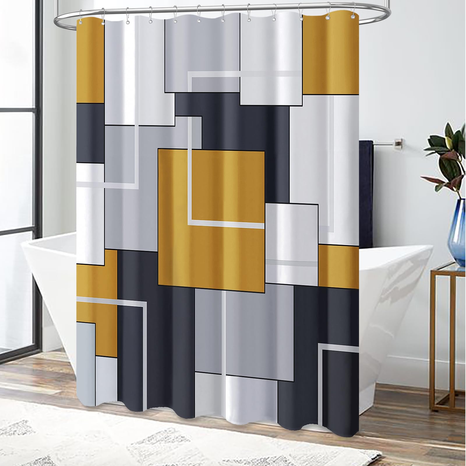 BTTN Gold Fabric Shower Curtain - Geometric Shower Curtain Set with 12 Plastic Hooks  Water Repellent  Machine Washable  Modern Decorative Polyester Cloth Shower Curtains for Bathroom - 72x72