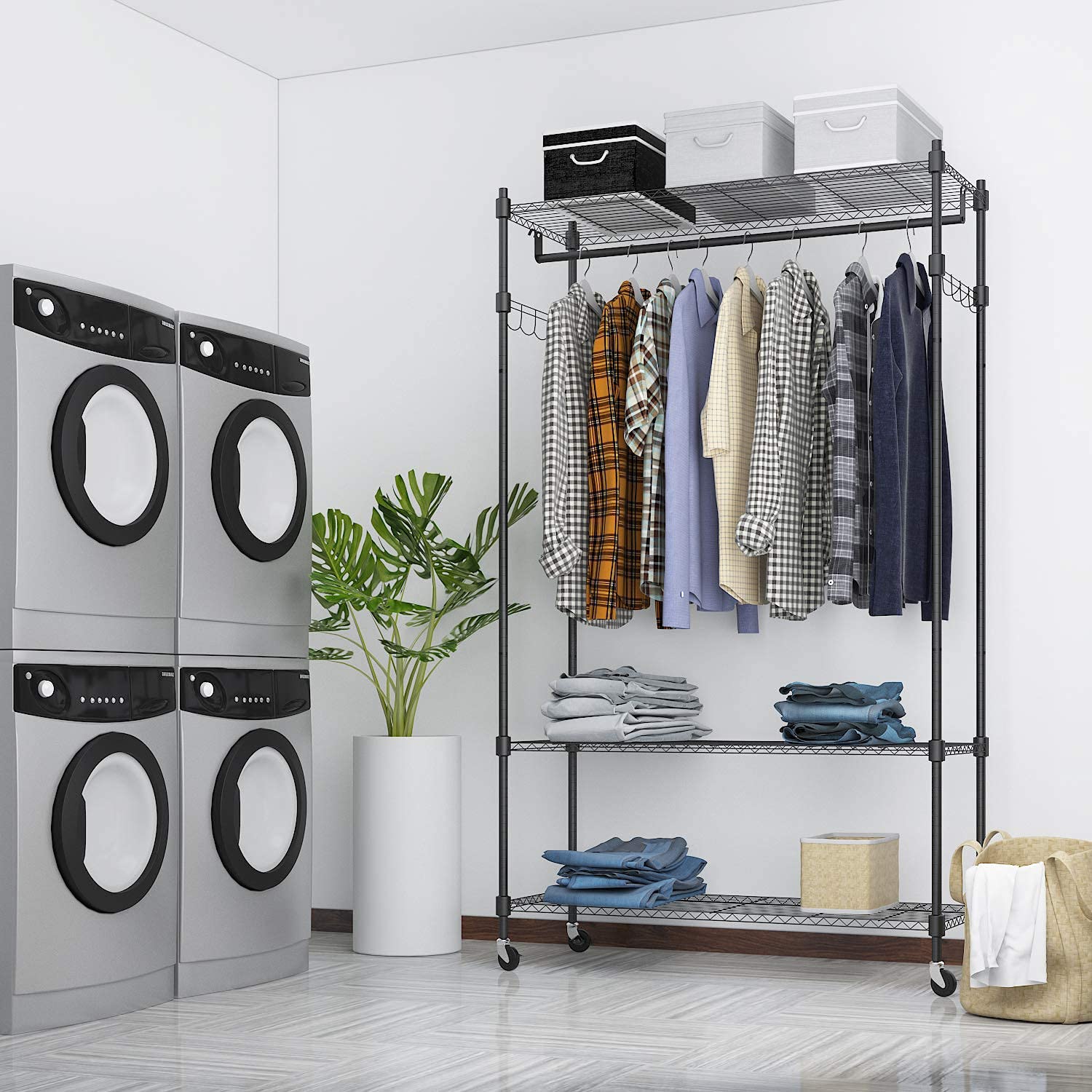Rolling Garment Rack with Adjustable Wire Shelf  3 Tired Clothes Rack including 1 Clothes Hanging Bar  1 Roating Hanger Hooks - Hold Up to 400Lbs (Black  1Rod 1Hook)