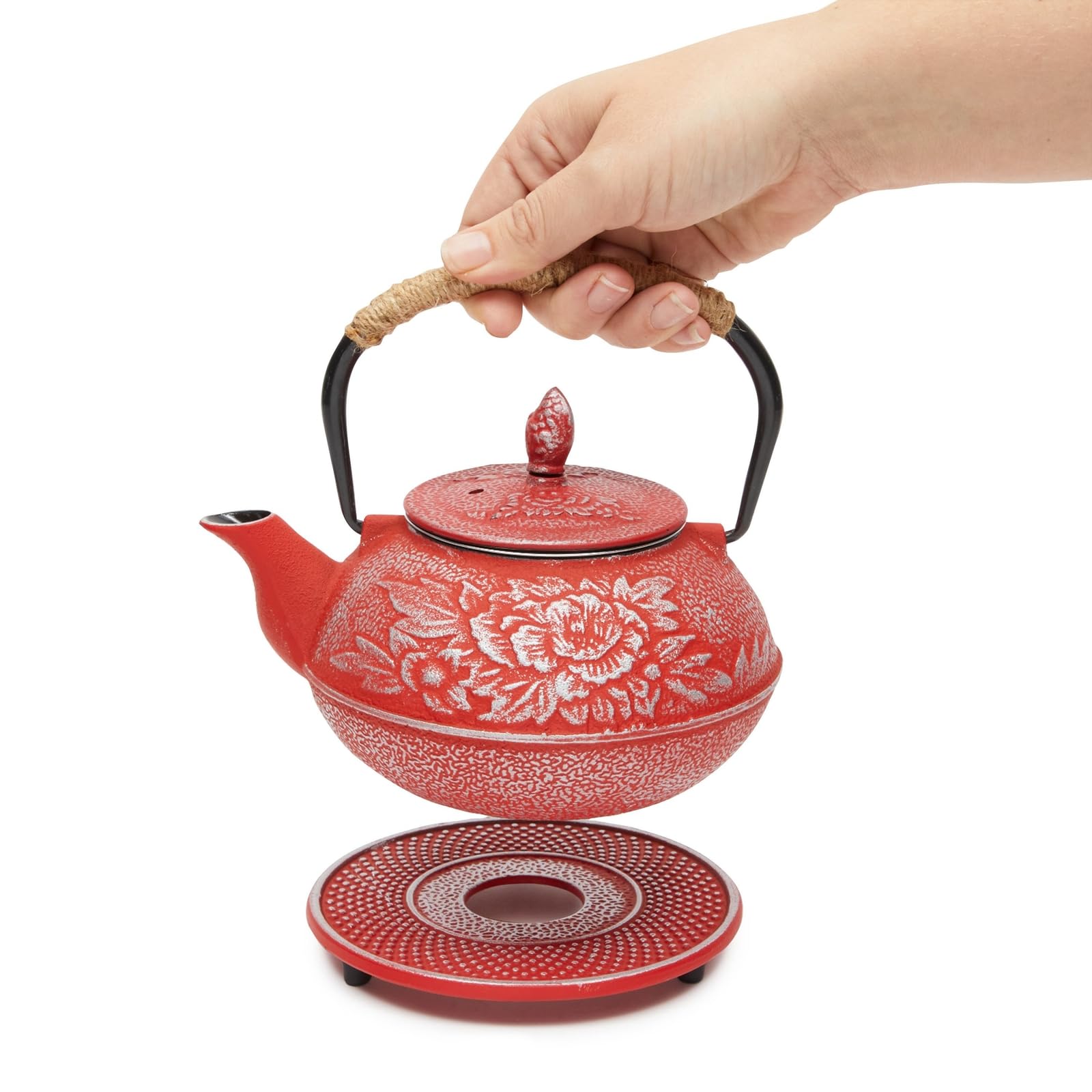 Juvale 3 Piece Set White Japanese Cast Iron Teapot - Loose Leaf Tetsubin With Handle, Stainless Steel Infuser, And Trivet (27 Oz