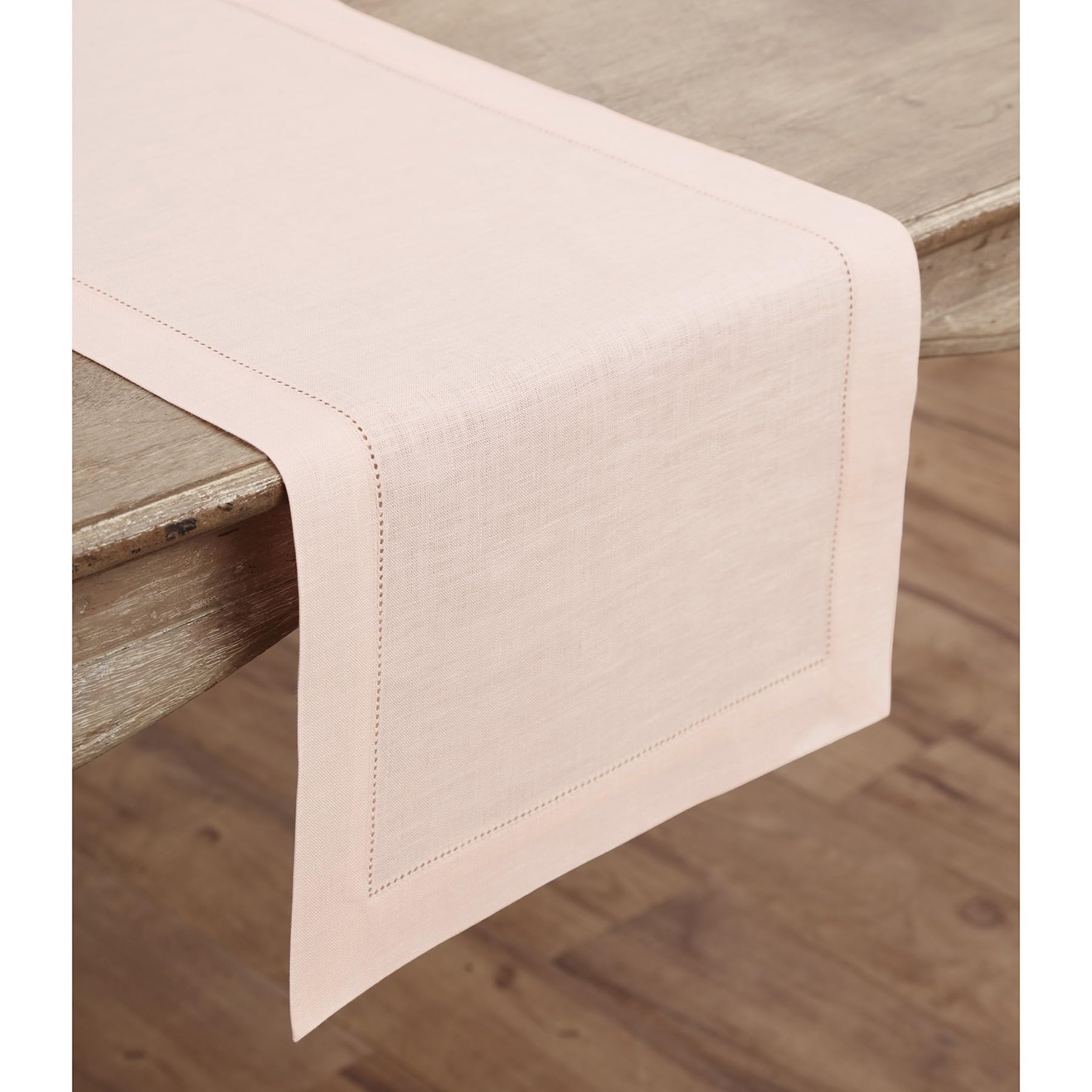 Solino Home Linen Pink Table Runner 120 Inches Long - 100% Pure Linen Classic Hemstitch Dining Table Runner 14 X 120 Inch Ideal