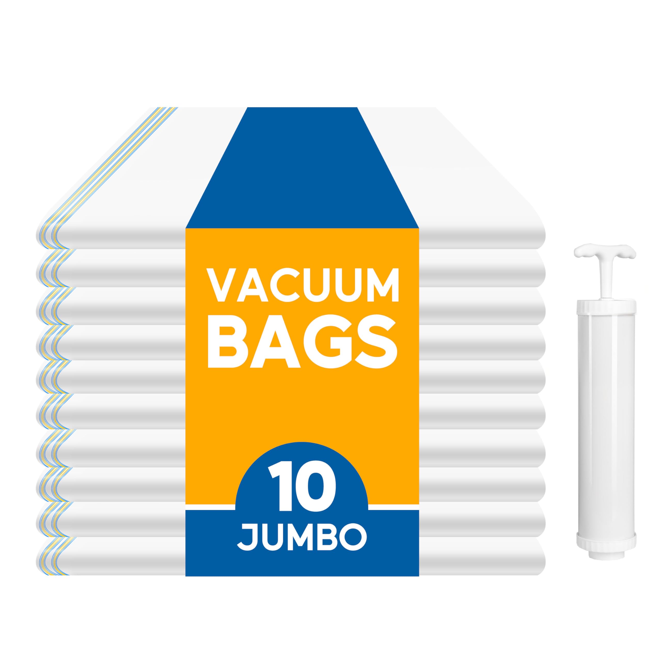 10 Jumbo Vacuum Seal Bags with Hand Pump, Vacuum Storage Bags, Space Saver Bags for Clothing, Comforters, Blankets, Bedding, Pil