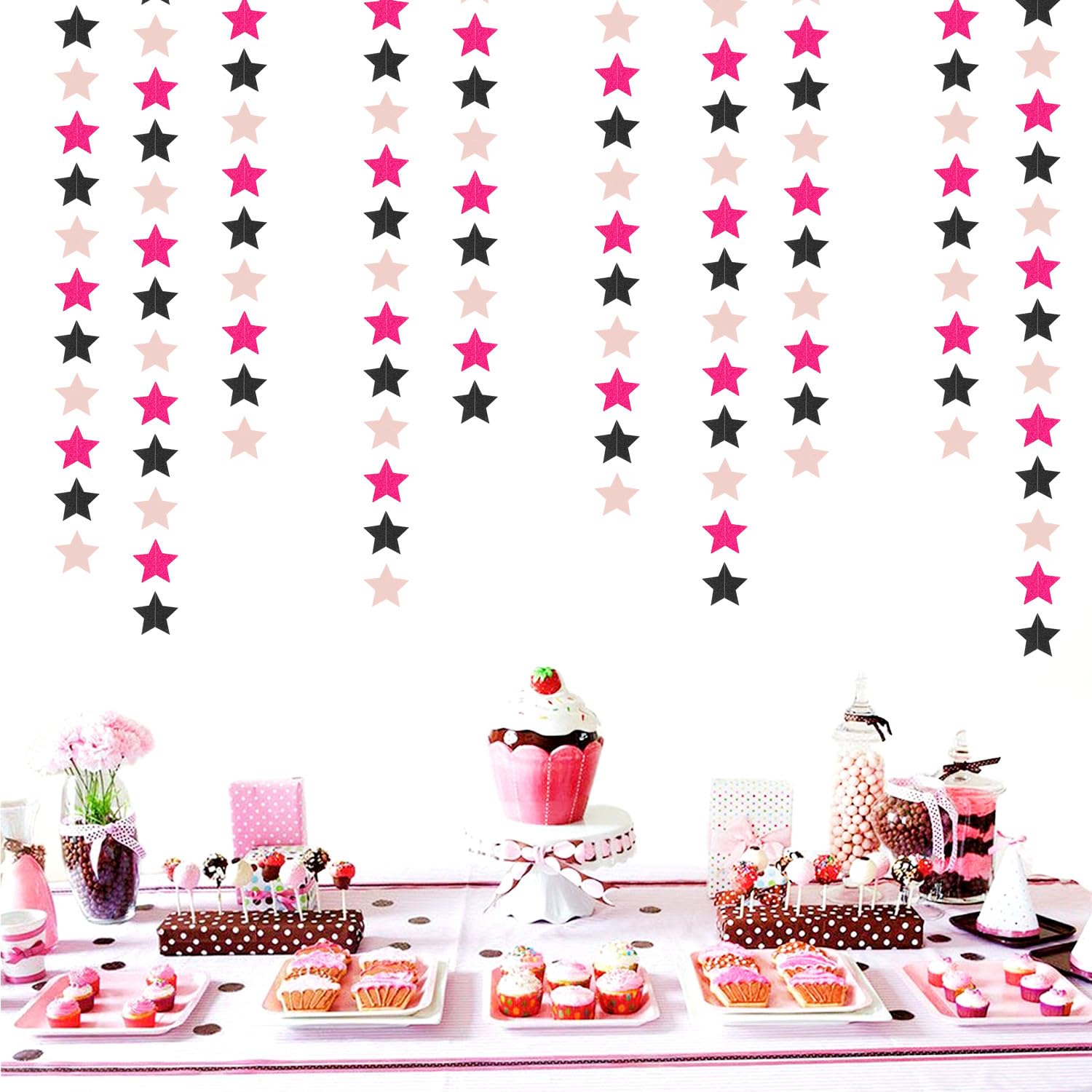 Hot-Pink Black Birthday Party-Decorations Garland - 62Ft Twinkle Little Star Baby Girl Hanging Streamers Banner,Graduation Engag