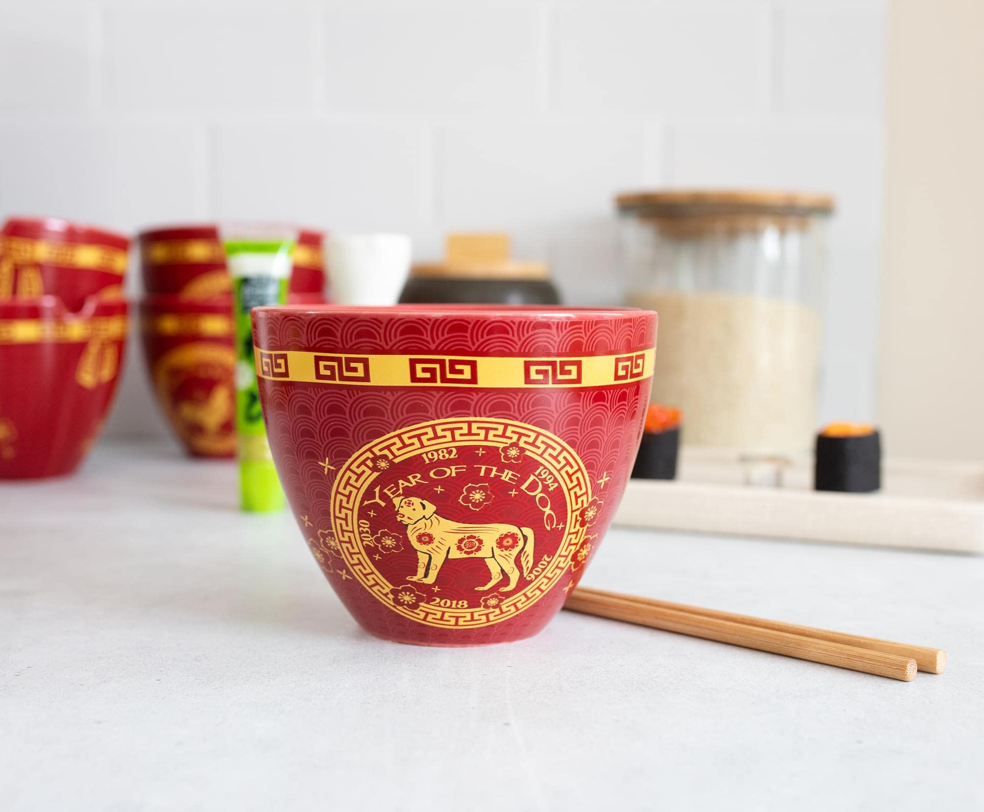 Boom Trendz Year Of The Dog Chinese Zodiac Ceramic Dinnerware Set Includes 16 Ounce Ramen Noodle Bowl And Red One Size