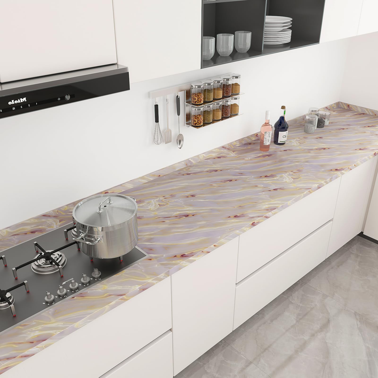 Boobest 345''X31'' Wide Glossy Marble Contact Paper Pink Purple Granite Modern Peel And Stick Wallpaper Marble Sticker Counterto