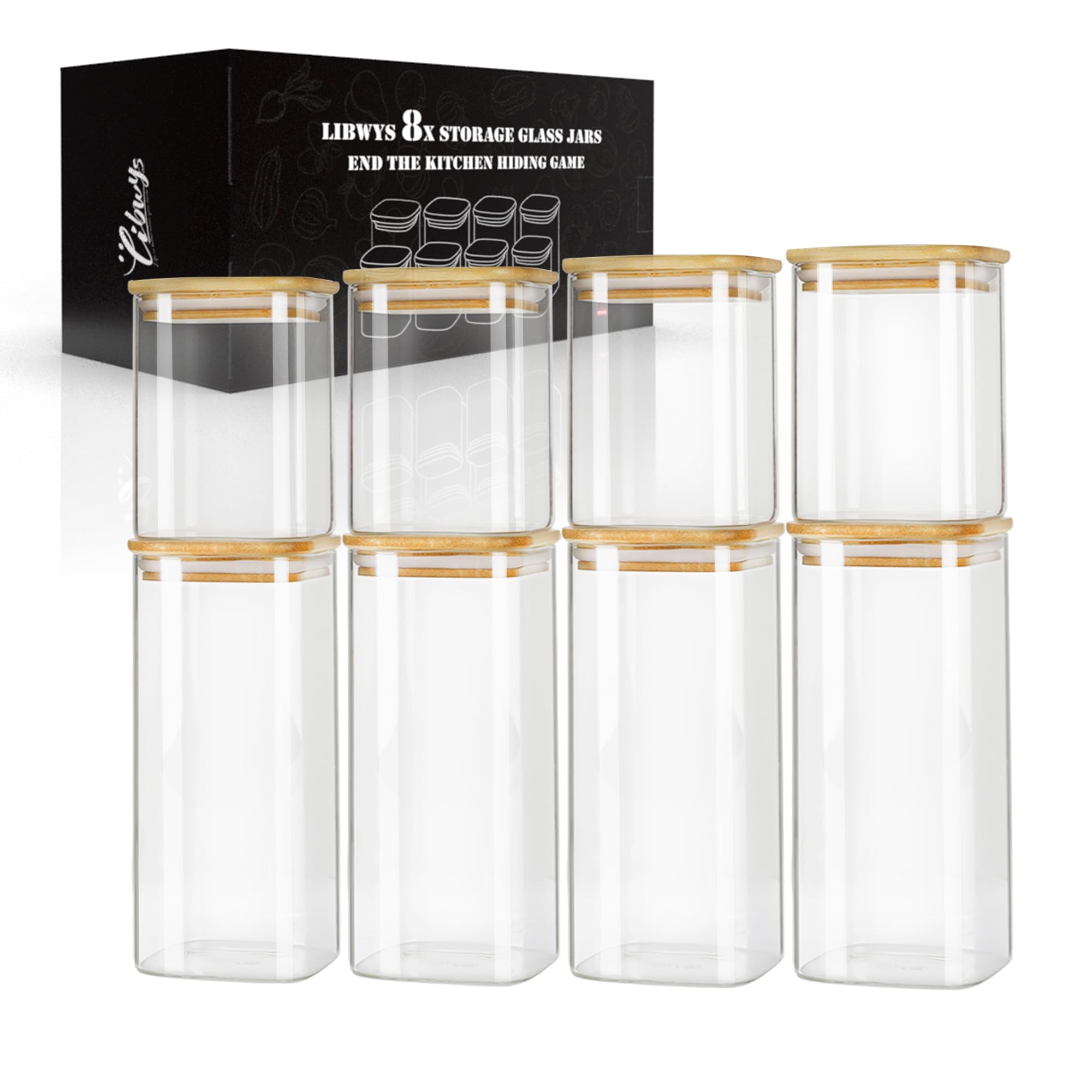 LIBWYS 8-Pack Square Glass Storage Jars with Bamboo Lids (0.6Qt/1.06Qt) - Stackable Food Containers for Pantry Organization, Cof