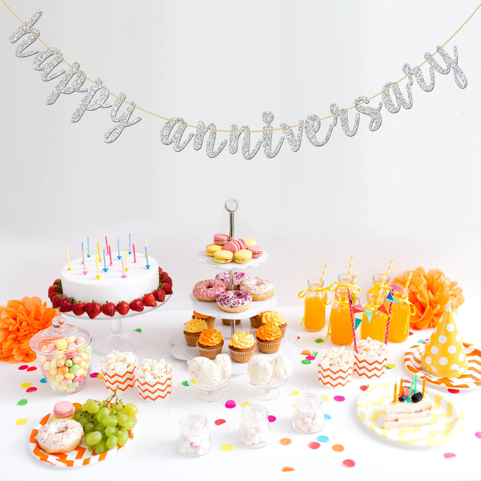 Innoru Glitter Silver Happy Anniversary Banner - Anniversary Sign - Birthday Banner - 1St Wedding Anniversary Party Bunting Deco