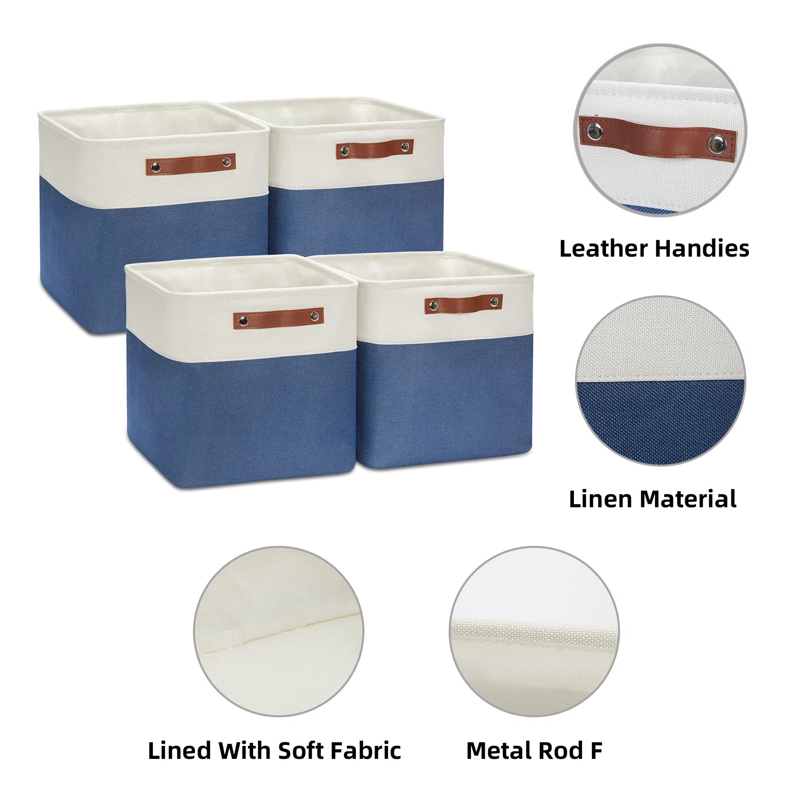 HNZIGE Fabric Storage Basket(4 Pack ) Linen Baskets for Organizing 12x12 Storage Bins for Shelves Towels Blankets Toys with Leather Handles(White&Blue)