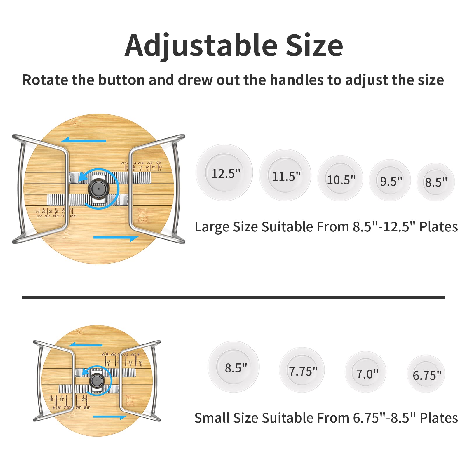 Wisuce Dish Racks For Kitchen Countertop Organizer - Bamboo Plate Holder Adjustable Size | Stainless Steel 304 Portable Handle F