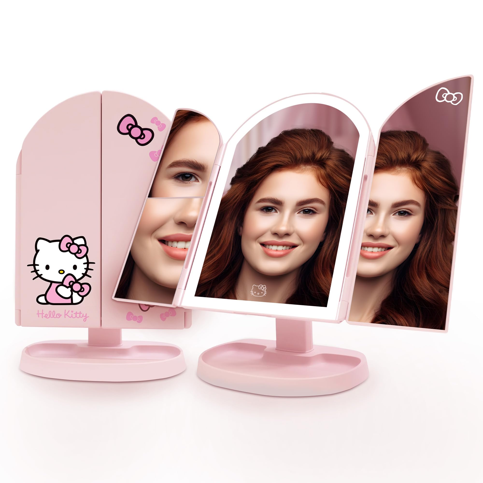 Impressions Vanity Hello Kitty Bow Arch Trifold LED Makeup Mirror for Desk, 3 Way View Foldable Vanity Mirror with Lights, 2X an